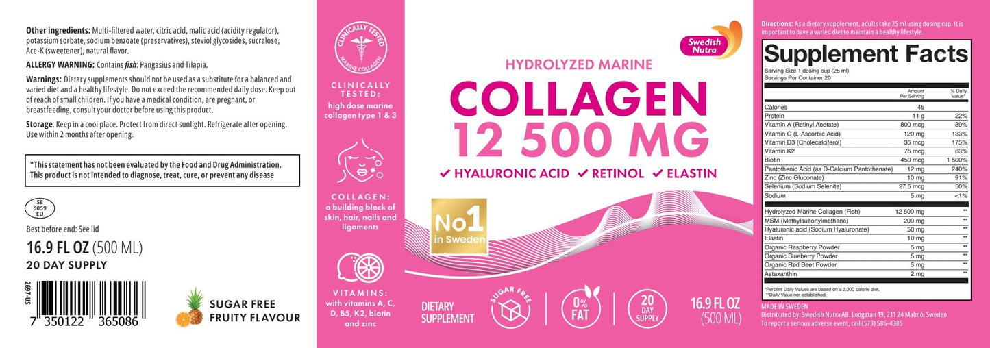 Swedish Nutra 12,500mg Liquid Marine Collagen Hydrolyzed Peptide (Type 1 & 3) | 20 Day Supply, 500 ml | Hyaluronic Acid, Biotin & Vitamins for Hair, Skin, Nails & Joints | For Men & Women | Sugar Free Swedish Nutra