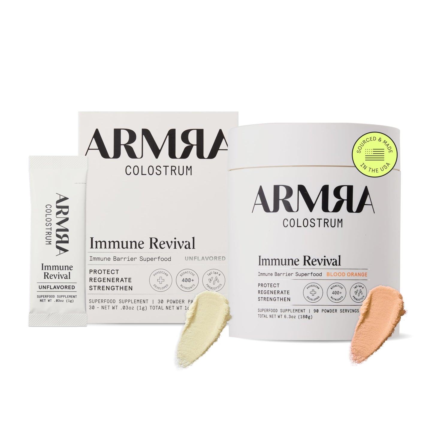 ARMRA Colostrum™ Premium Powder, Grass Fed, Gut Health Bloating Immunity Skin & Hair, Contains 400+ Bioactive Nutrients, Potent Bioavailable, Keto, Gluten & Fat Free (Unflavored 30|Blood Orange 90) ARMRA