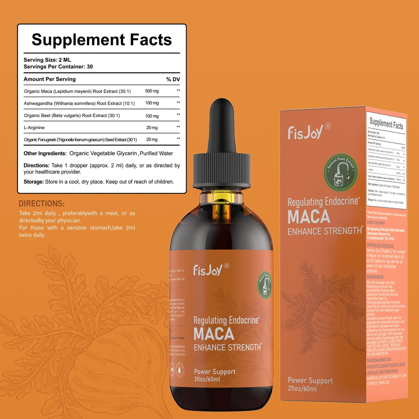 Fisjoy Organic Maca Liquid Drops with Ashwagandha & Beet Root – Supports Daily Vitality & Overall Wellness – Non-GMO, Vegan Herbal Supplement, 2 fl oz (60 mL) Fisjoy
