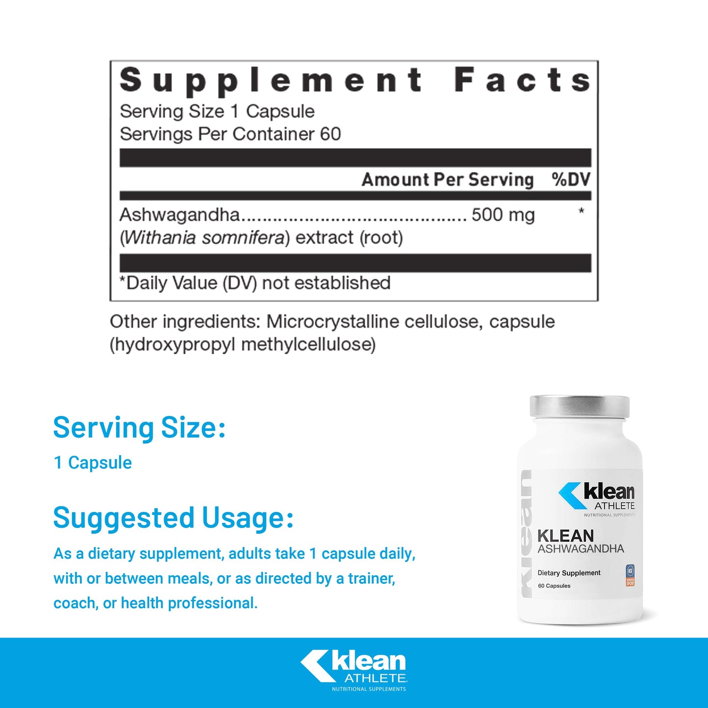 Klean Athlete Klean Ashwagandha - for Occasional Stress - Supports Adaptations to Training* - Adaptogen Blend - Vegan & Non GMO - 60 Capsules Klean Athlete