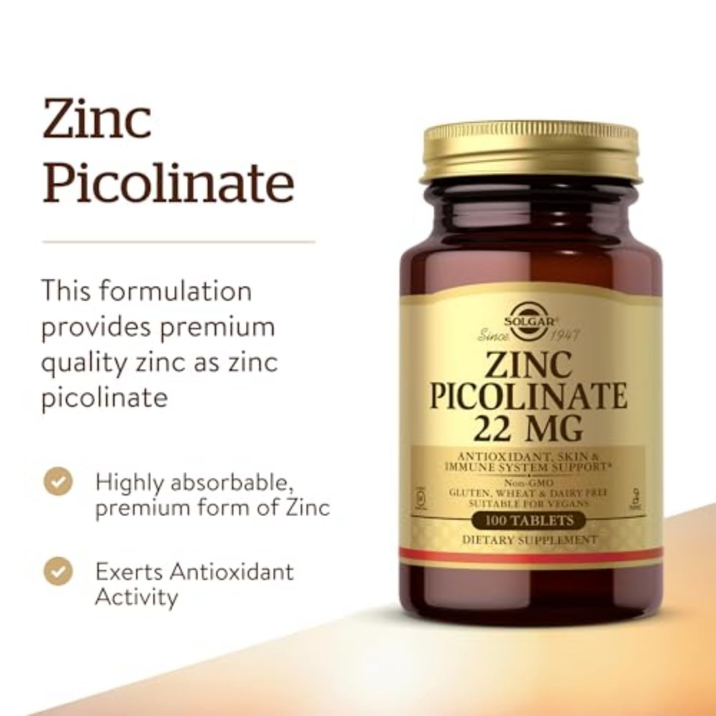 Solgar Zinc Picolinate 22 mg, 100 Tablets - Promotes Healthy Skin - Supports Immune System, Normal Taste & Vision - Antioxidant – Non-GMO, Vegan Solgar