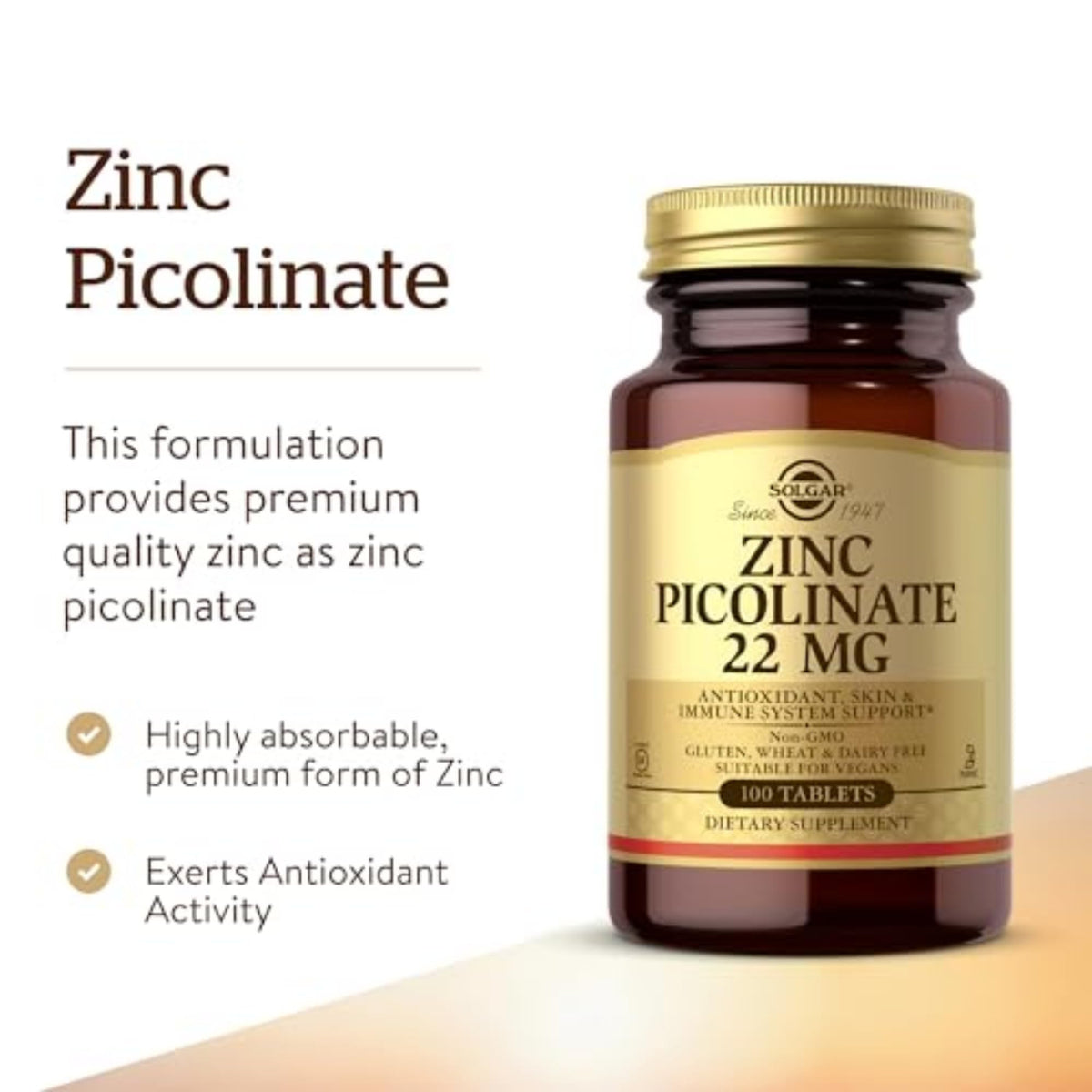 Solgar Zinc Picolinate 22 mg, 100 Tablets - Promotes Healthy Skin - Supports Immune System, Normal Taste & Vision - Antioxidant – Non-GMO, Vegan Solgar
