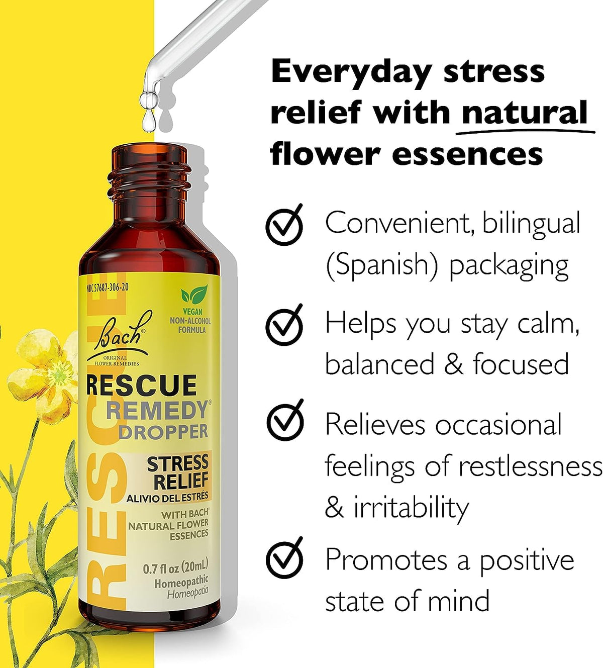 Bach RESCUE Remedy Dropper 20mL Bundle, Non-Alcohol Formula, Natural Stress Relief, Homeopathic RESCUE