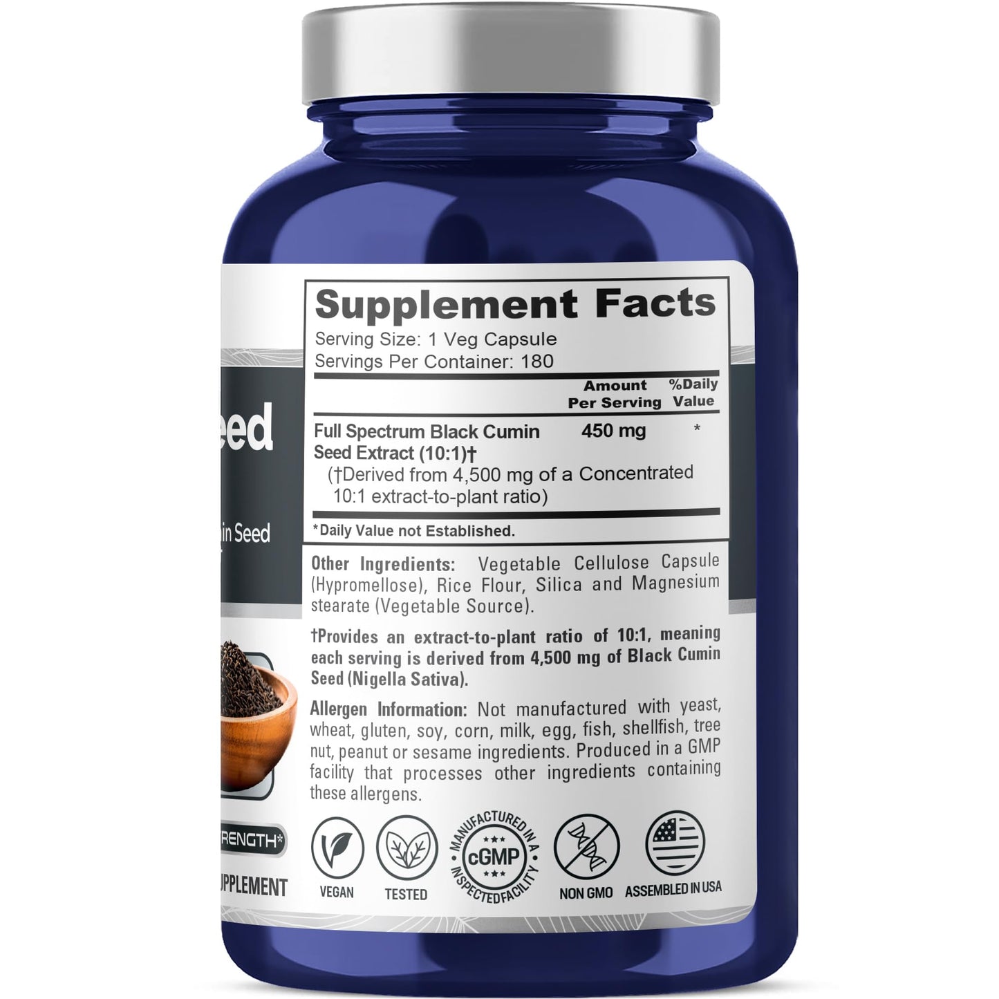 NusaPure Full Spectrum Black Cumin Seed 10:1 Extract, 450 mg Equivalent to 4,500mg 180 Veggie Powder Caps Non-GMO, Vegan Non-Oily NusaPure
