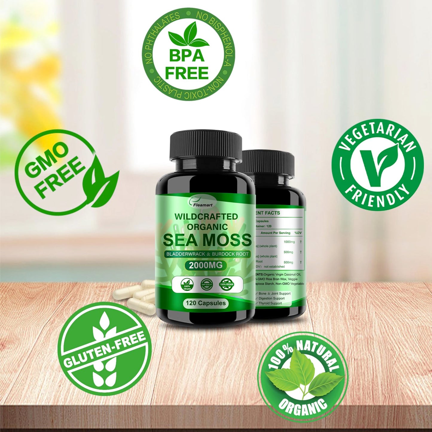 Fleamart Irish Sea Moss Capsules 120ct Raw Organic Sea Moss Wildcrafted Bladderwrack Fleamart