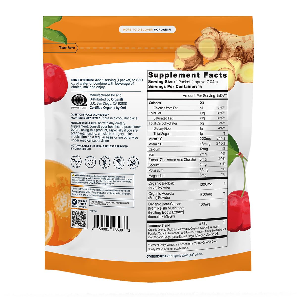 Organifi Immunity - Organic Superfood Immunity Support - 15 Single Serve Packets - Immunity Powder for T Cell Production and Upper Respiratory Health - Mushroom Beta Glucans, Vitamin C, D and Zinc Organifi