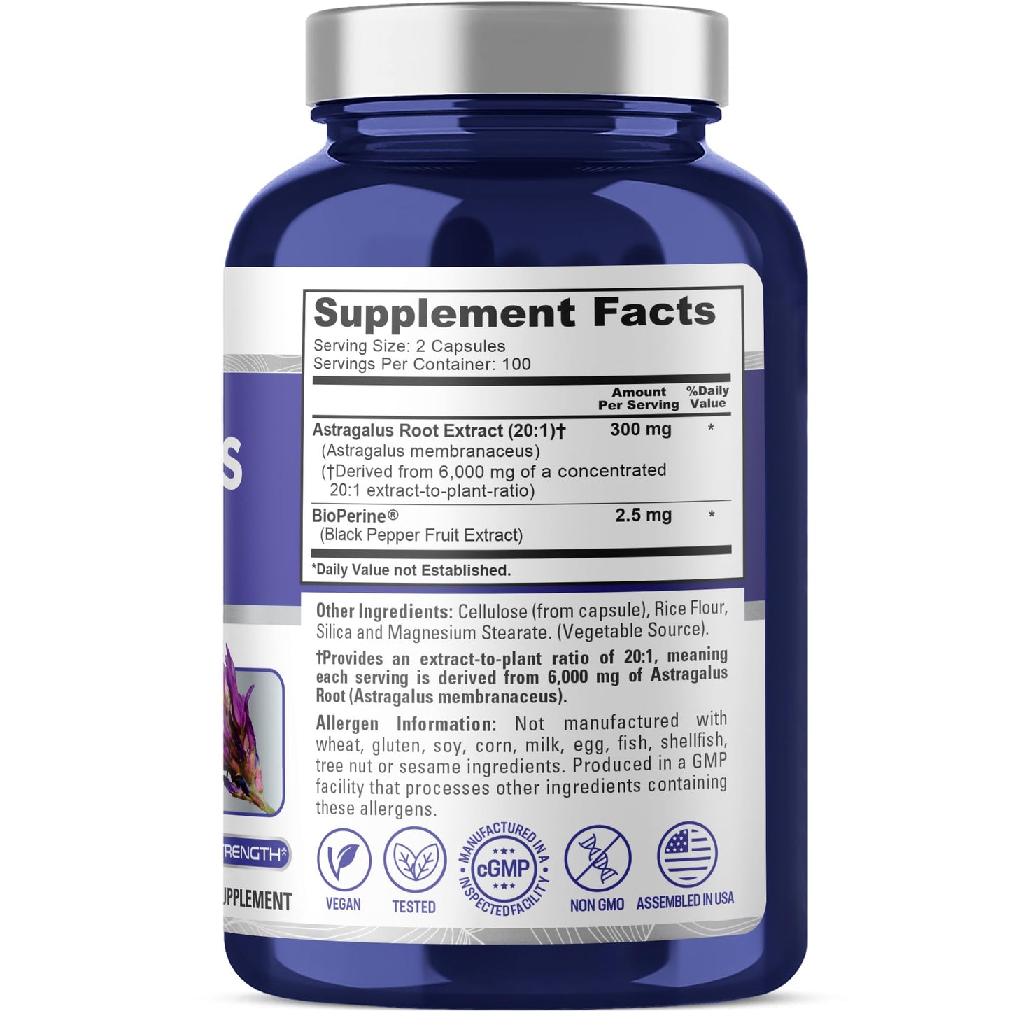 NusaPure Astragalus 20:1 Extract, 300 mg Equivalent to 6,000mg Per Serving, 200 Veggie Capsules, Vegan, Non-GMO & Bioperine NusaPure