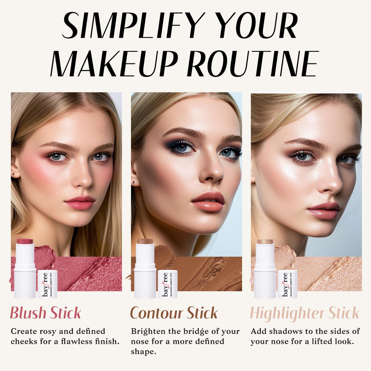 KIMUSE Face Sticks Trio, Cream Blush Stick & Highlighter Stick & Contour Stick for Sculpt the Cheeks, Long Lasting Cream Contour Stick Trio for Face Makeup, with Brush KIMUSE
