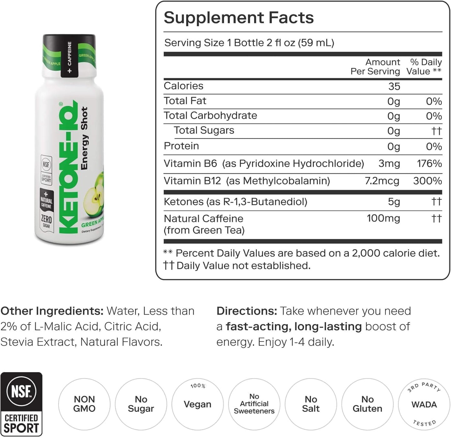Ketone-IQ Caffeine Performance Energy Shots – Clean Energy for Focus & Endurance, 5g Ketones, 100mg Green Tea Caffeine, B Vitamins, 12 Pack (Green Apple) Ketone-IQ
