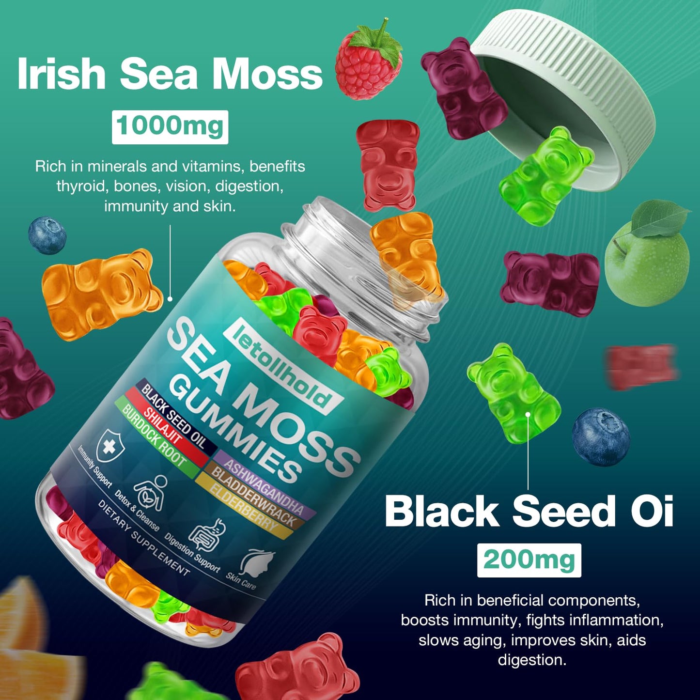 Sea Moss Gummies - Irish Sea Moss Gummies Advanced for Adults with Ashwagandha Bladderwrack & Burdock Root for Supports Immune,Energy - 60 Vegan Gummy,2PCS letollhold