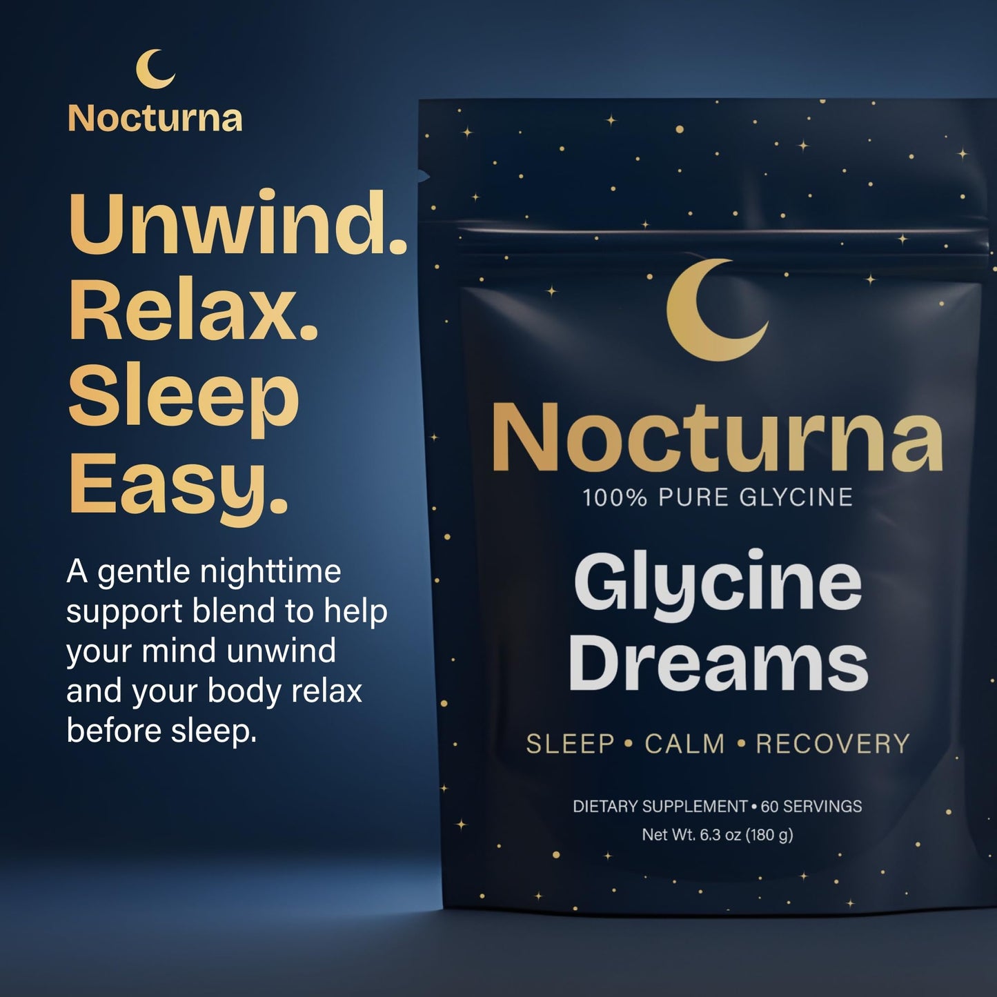 Nocturna Glycine Supplement – 100% Pure 3g Glycine Powder for Sleep, Calm & Recovery – USA Made Sleep Aid for Men & Women – Non-GMO & Completely Natural - 6.3Oz for 60 Servings Nocturna