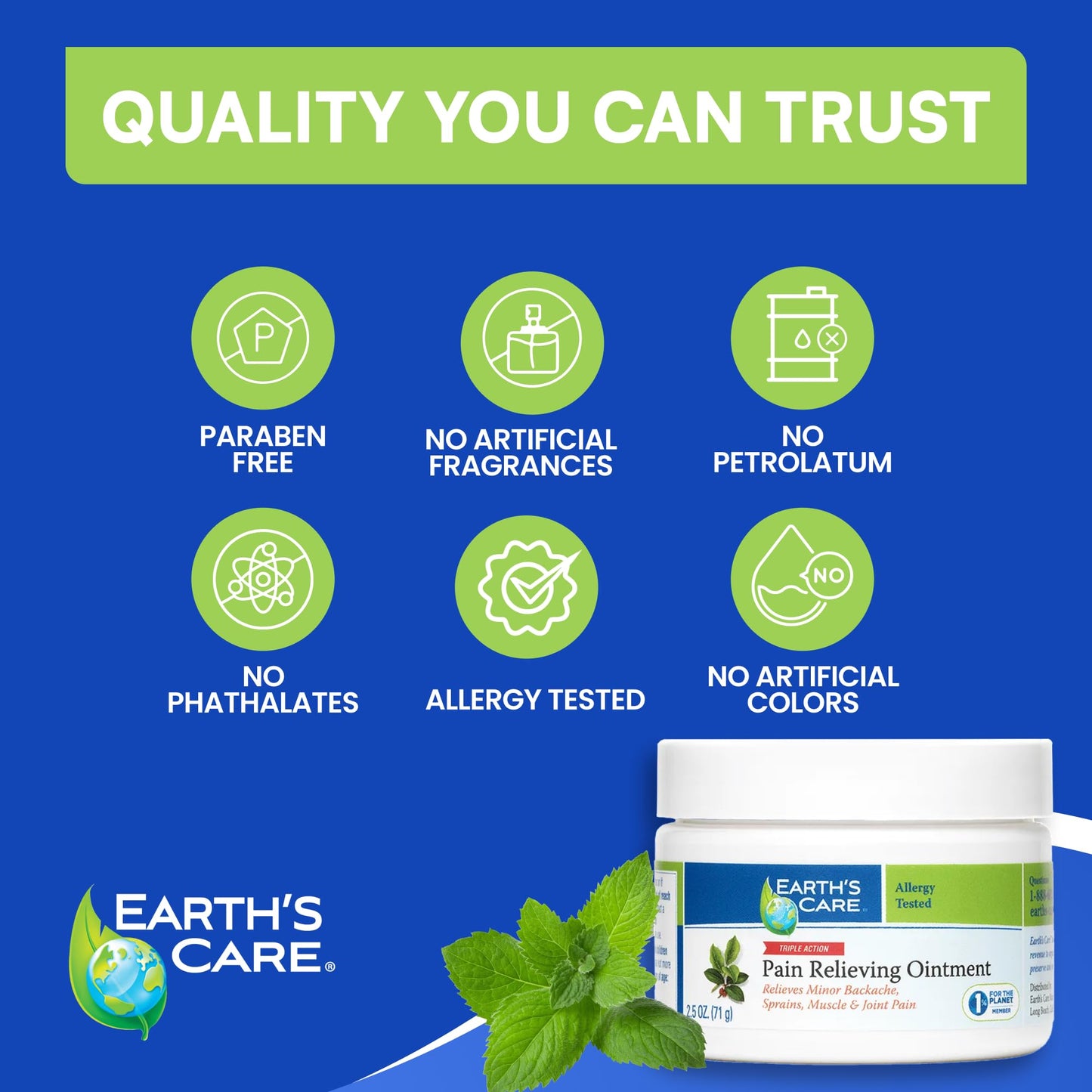 Earth's Care Pain Relieving Ointment - Triple Action Muscle and Joint Pain Relief Cream - Topical Analgesic 2.5 oz (3 Jars) Earth's Care