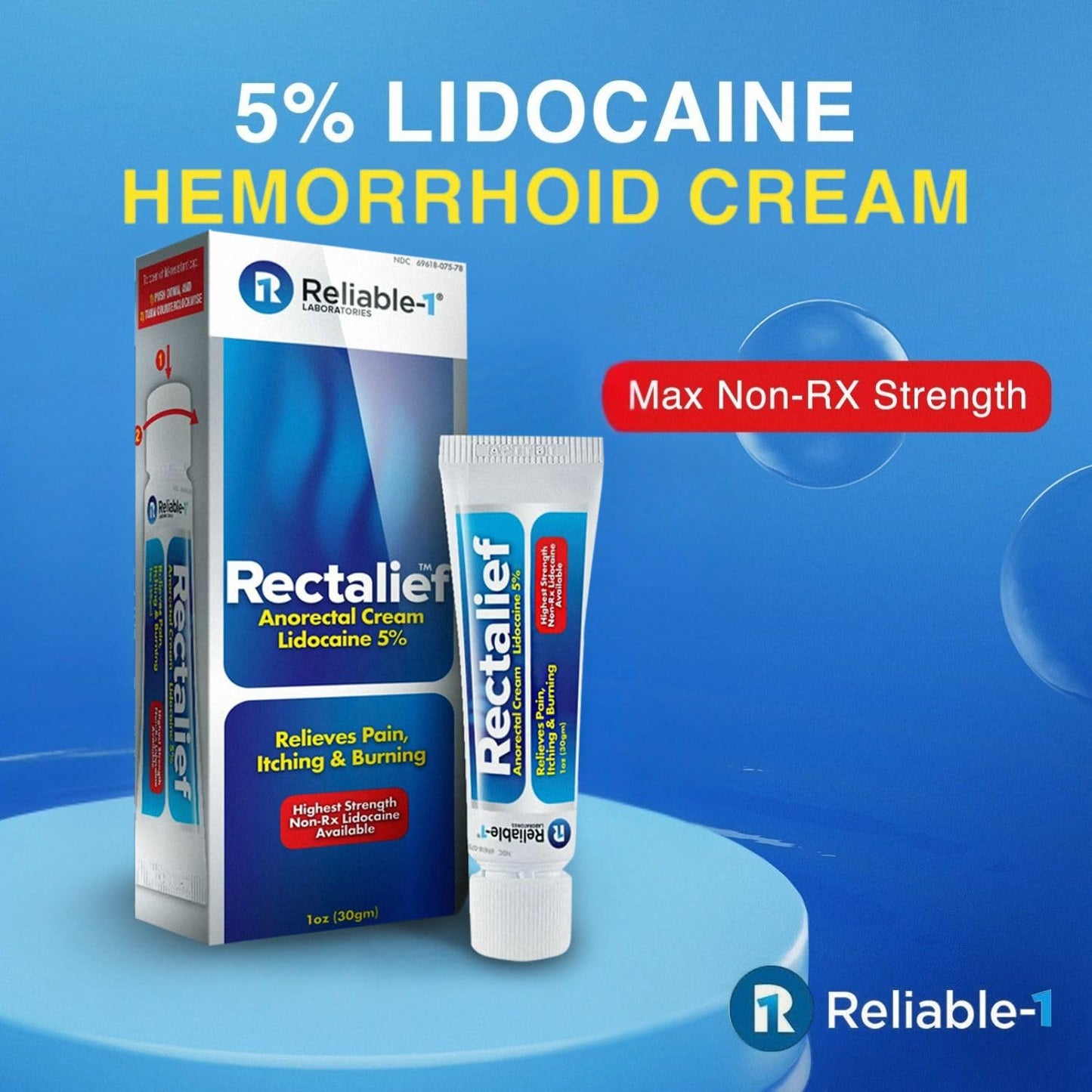 Rectalief 5% Lidocaine Hemorrhoid Cream (Max Non-RX Strength) Reliable-1 Laboratories Soothing Anorectal, Numbing Hemorrhoidal Ointment - Pain, Itching, & Burning, Strongest OTC Anal Treatment, 2-Pack Reliable-1 Laboratories