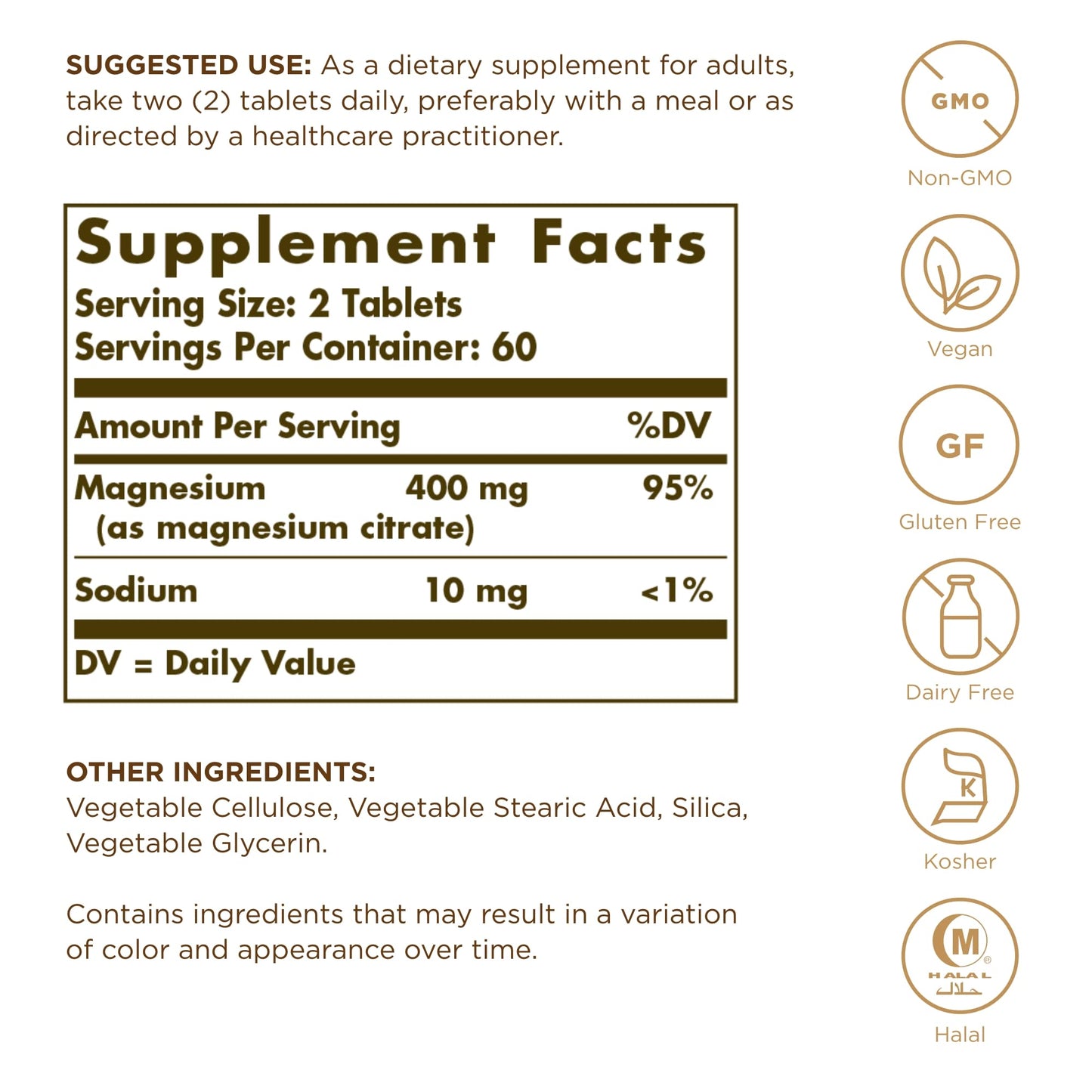 Solgar Magnesium Citrate - 120 Tablets, Pack of 2 - Promotes Healthy Bones, Supports Nerve & Muscle Function - Highly Absorbable - Non-GMO, Vegan, Gluten Free, Kosher - 120 Total Servings Solgar