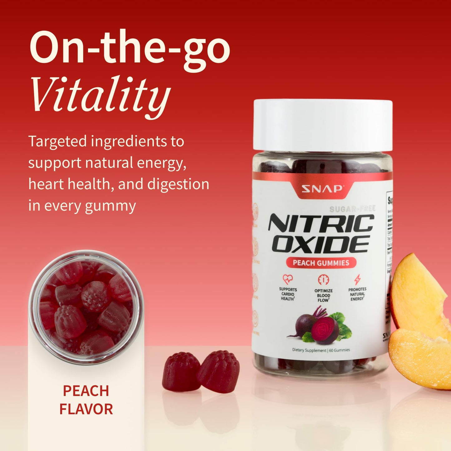 Snap Supplements Nitric Oxide Beet Root Gummies Supplement with Organic Beets - Energy & Circulation Support, 60 Sugar-Free Gummies (30 Servings, 1 Month Supply), Peach Snap Supplements