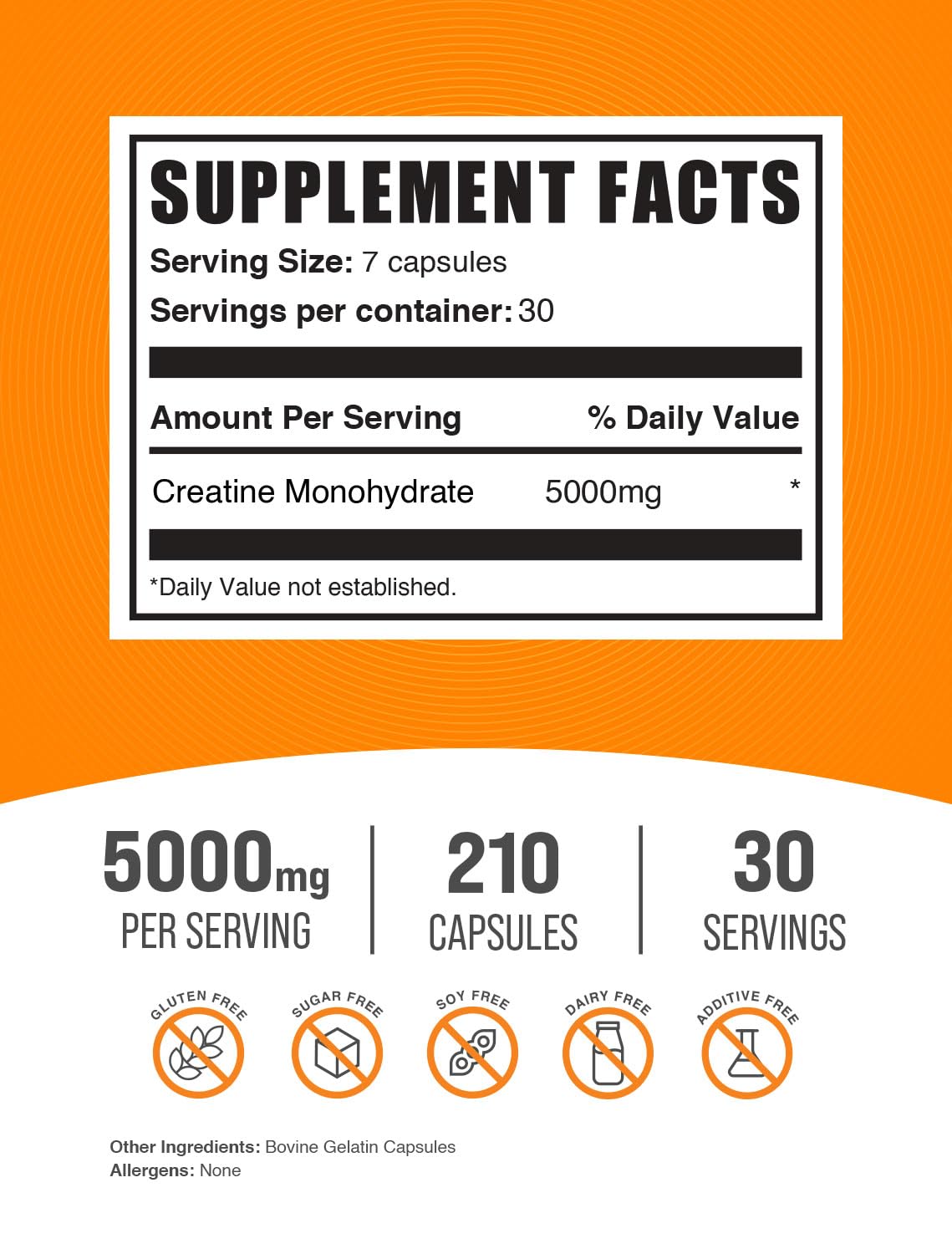 BulkSupplements.com Creatine Monohydrate Capsules - Micronized Creatine Monohydrate, Sports Nutrition - 7 Capsules per Serving, 5000mg, Gluten Free, 210 Count (Pack of 1) BulkSupplements