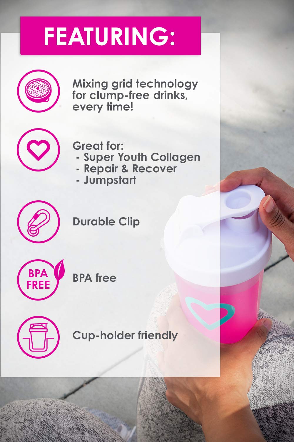 SkinnyFit Super Shaker Bottle 20oz. BPA free with Mixing Grid Technology, Leak Proof SkinnyFit