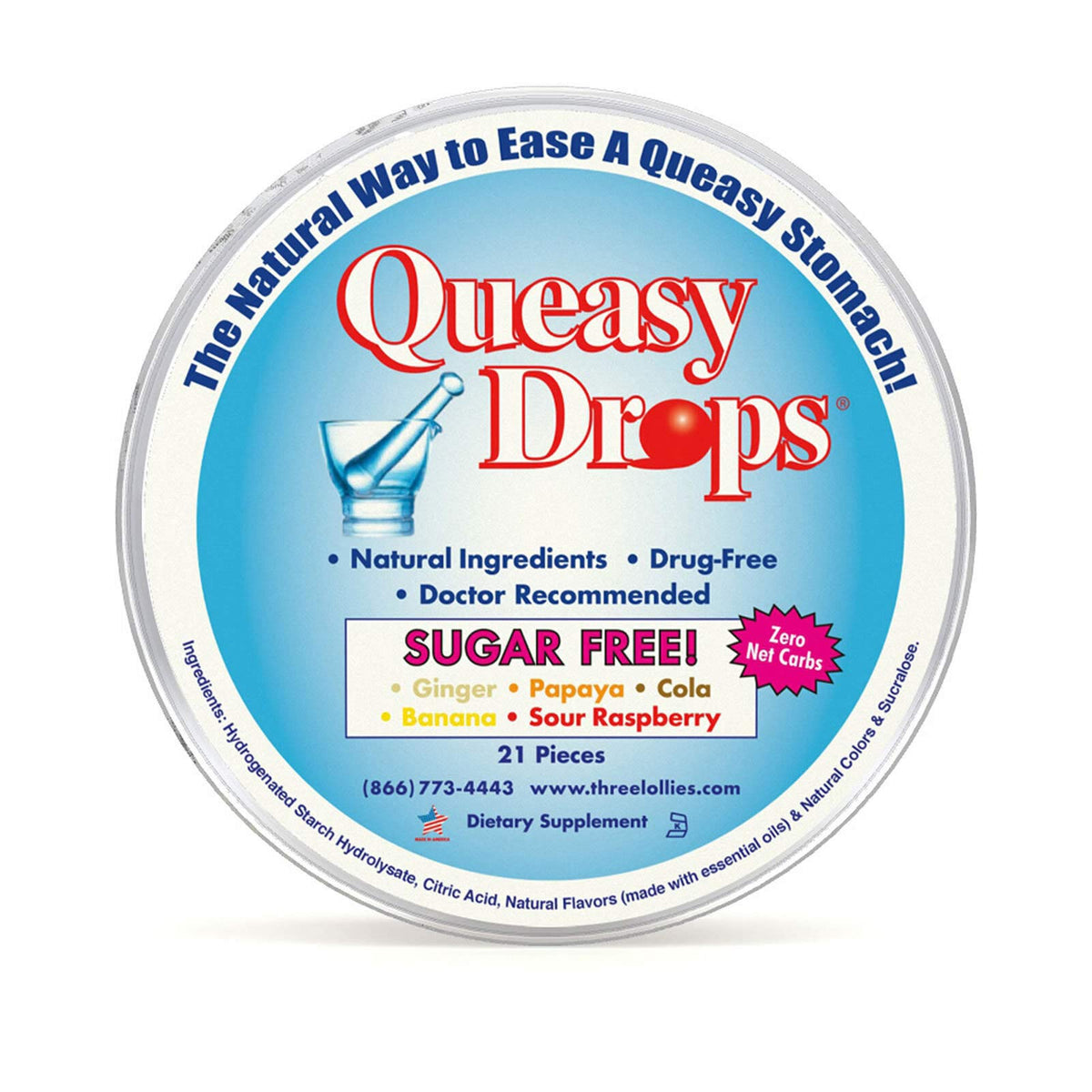 Queasy Drops Sugar Free! 21 Lozenges Three Lollies