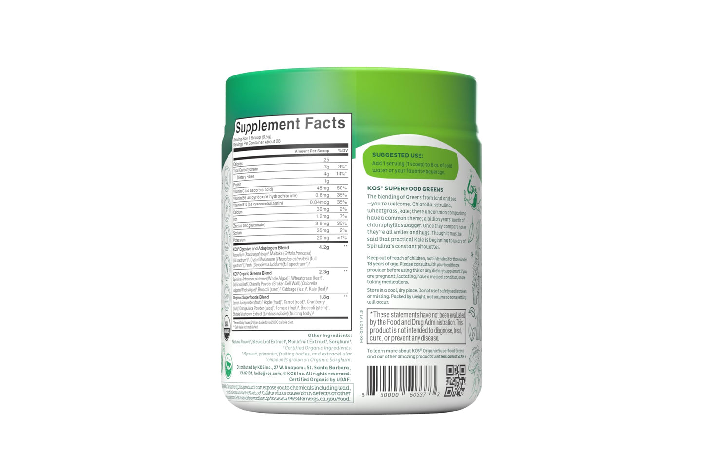 KOS Organic Super Greens Powder Erythritol Free - Plant Based Superfood Blend with Spirulina, Chlorella & Wheatgrass - USDA Certified Organic, Green Juice Smoothie - Apple Flavor - 28 Servings KOS