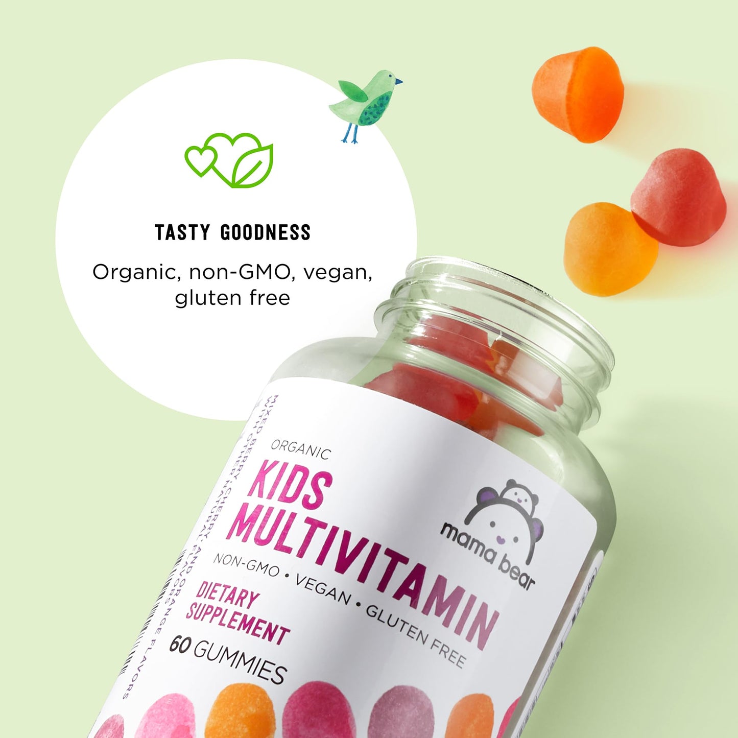Amazon Brand - Mama Bear Organic Kids Multivitamin Gummies, Berry, Cherry & Orange, 60 Count, 1 Month Supply (Packaging May Vary) Mama Bear