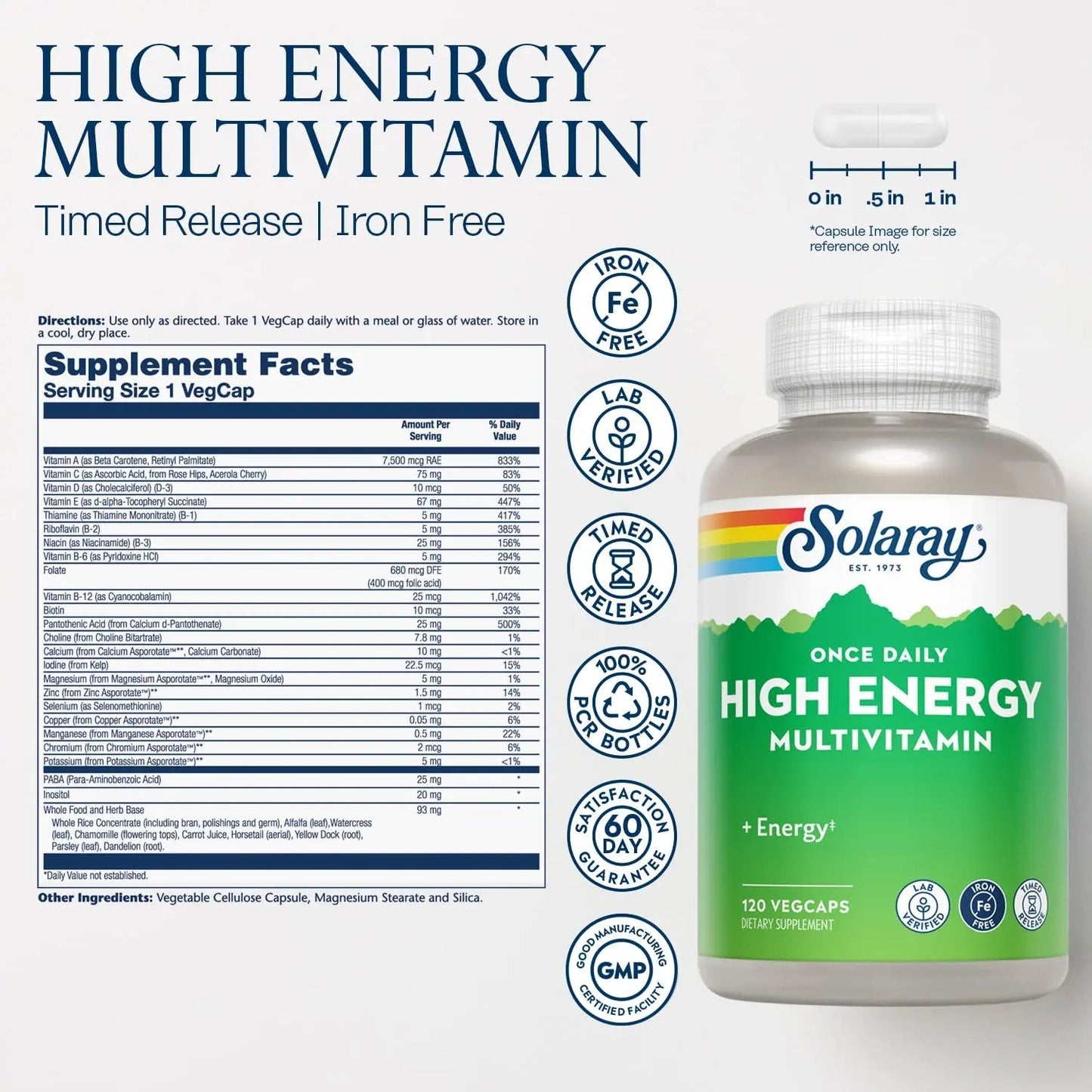 SOLARAY High Energy Multivitamin, No Iron, 1/Day, Timed-Release Formula, Whole Food & Herb Base 120 VegCaps SOLARAY