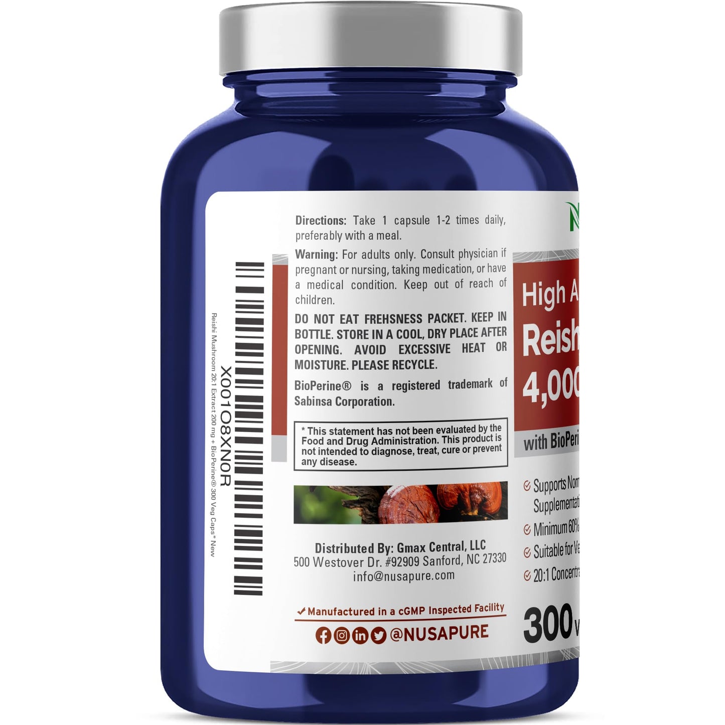 NusaPure Reishi Mushroom Extract 20:1 Extract, 200 mg Equivalent to 4000mg per Capsule 300 Veggie Caps Vegan, Non-GMO, Vegan NusaPure