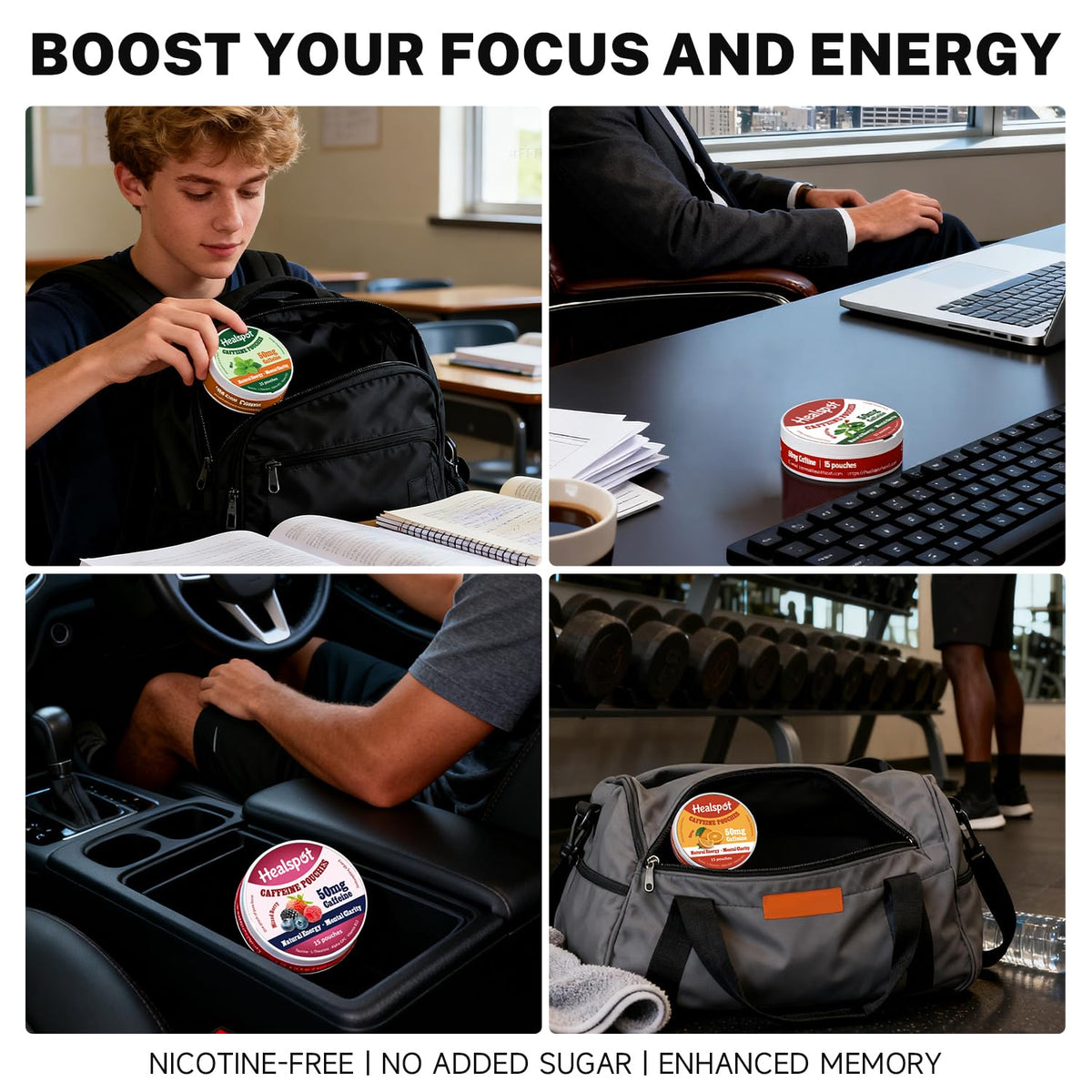 Healspot Nootropic Caffeine Pouches, Energy Pouches with 50mg Caffeine | Taurine | Vitamin B12 | Alpha-GPC | L-Theanine, Focus and Energy Supplements Variety Packs 5 Flavors Healspot
