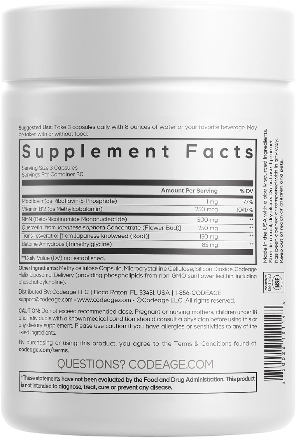 Codeage Liposomal NMN Platinum - 500 mg NMN Supplement, Nicotinamide Mononucleotide, NAD Precursor - Quercetin, Resveratrol, Betaine TMG, Vitamin B2 Riboflavin & Vitamin B12 - Non-GMO - 90 Capsules Gsupps Australia