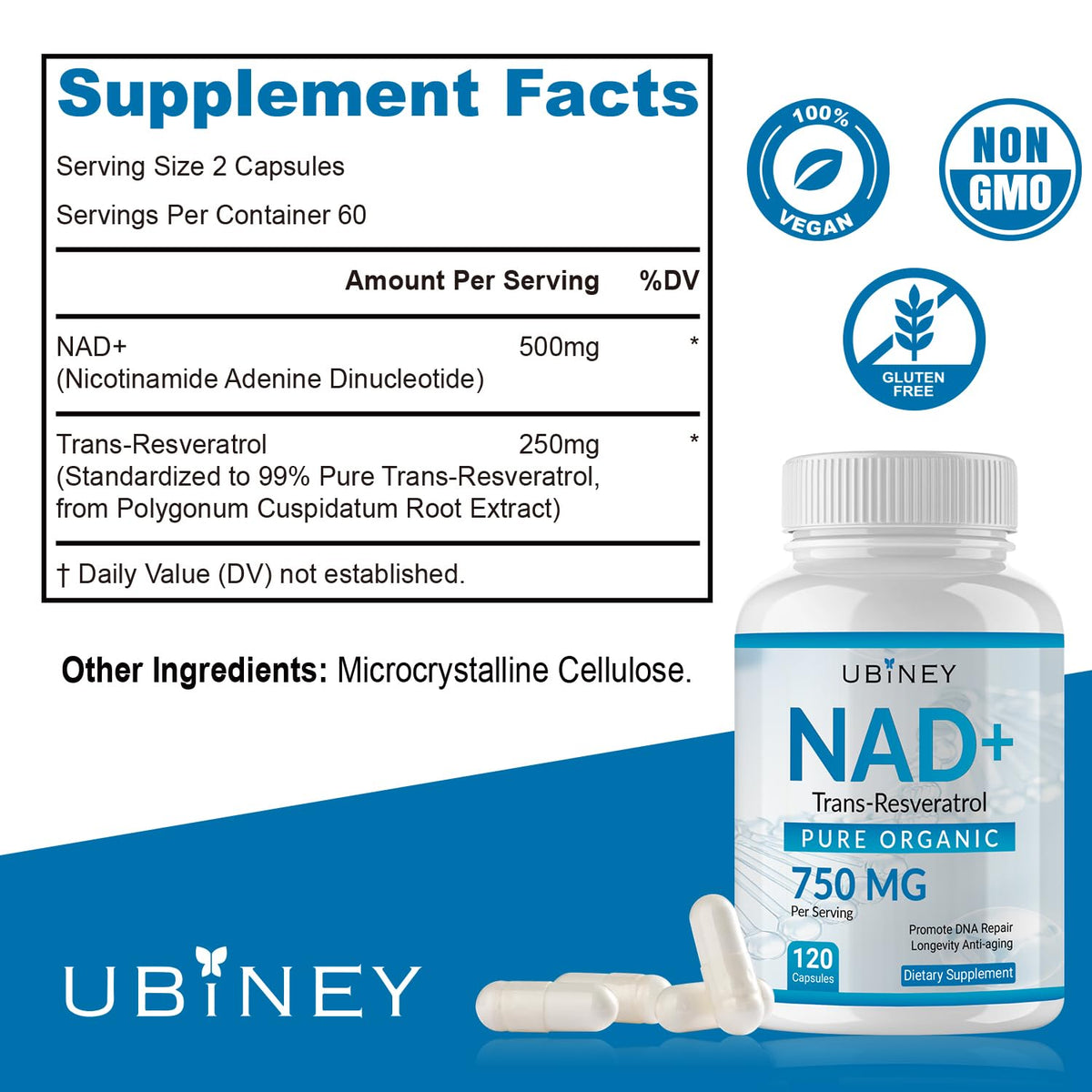Ubiney NAD+ 750mg with Trans-Resveratrol – Pure Organic Nicotinamide Adenine Dinucleotide Supplement – DNA Repair, Cellular Energy, Anti-Aging Support – 120 Vegan Capsules, Non-GMO, Gluten-Free Ubiney