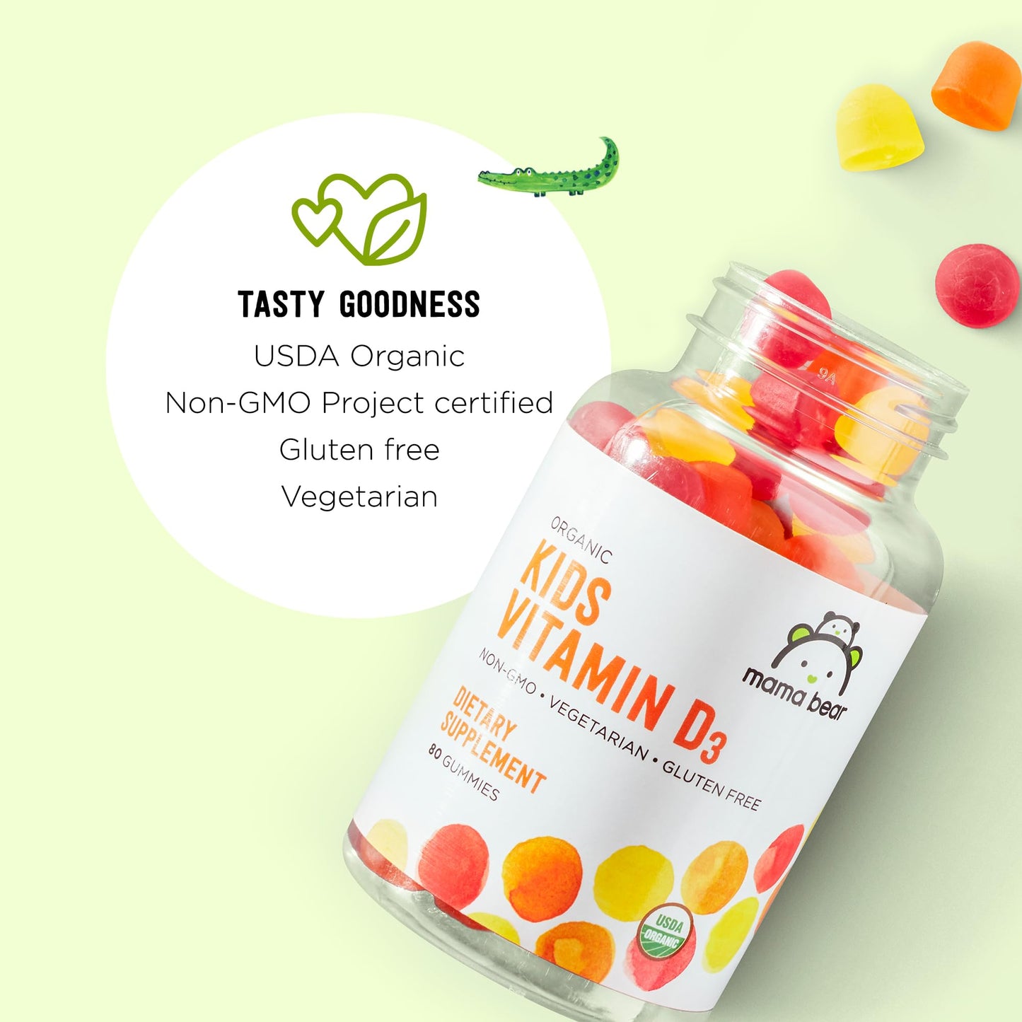 Amazon Brand - Mama Bear Organic Kids Vitamin D3 25 mcg (1000 IU) Gummies per serving, Bone and Immune Health, Strawberry, 80 Count Mama Bear
