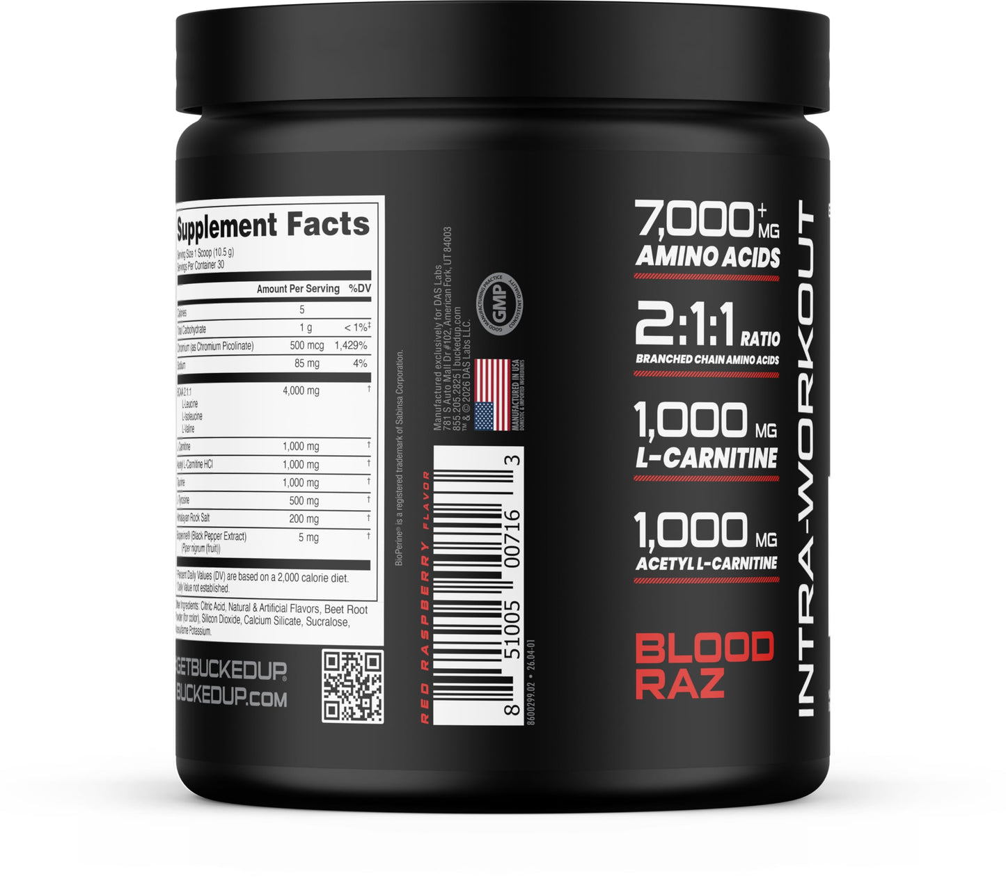 Bucked Up Racked Blood Raz | Intra Workout BCAA 2-1-1 Formula with L Carnitine Acetyl L Carnitine Taurine and L Tyrosine | Amino Acid Powder Supplement (30 Servings) Gsupps Australia