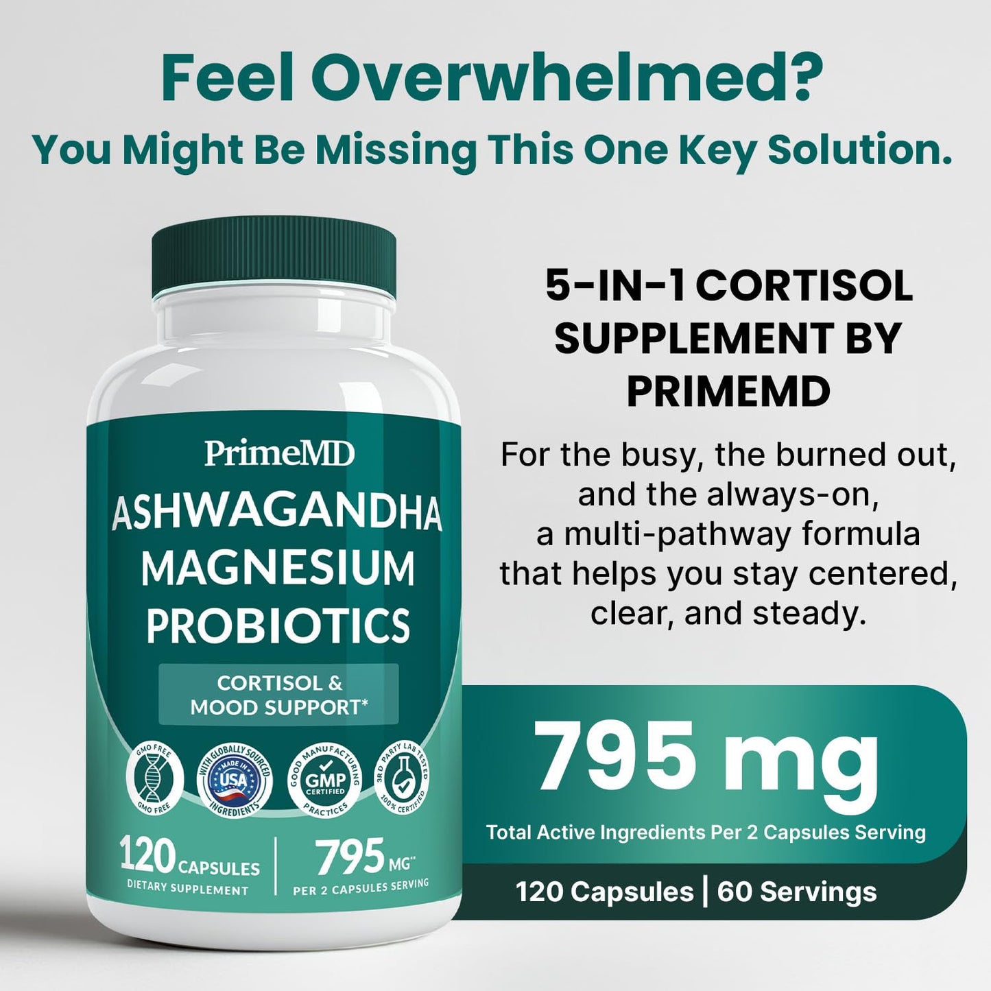 5-in-1 Cortisol Supplement for Women and Men with Ashwagandha for Calmness, Focus, and Adrenal Support Supplements with Shilajit Extract, Magnesium Glycinate, Probiotics (120 ct) (Pack of 1) PrimeMD