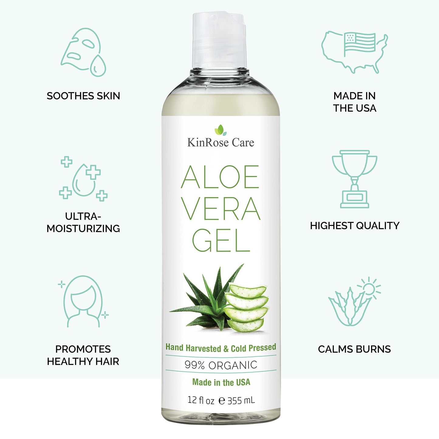 KinRose Care, 12oz Organic Aloe Vera Gel for Face, Skin, Hair & Sunburn Relief - From 100 Percent Pure Aloe Vera KinRose Care