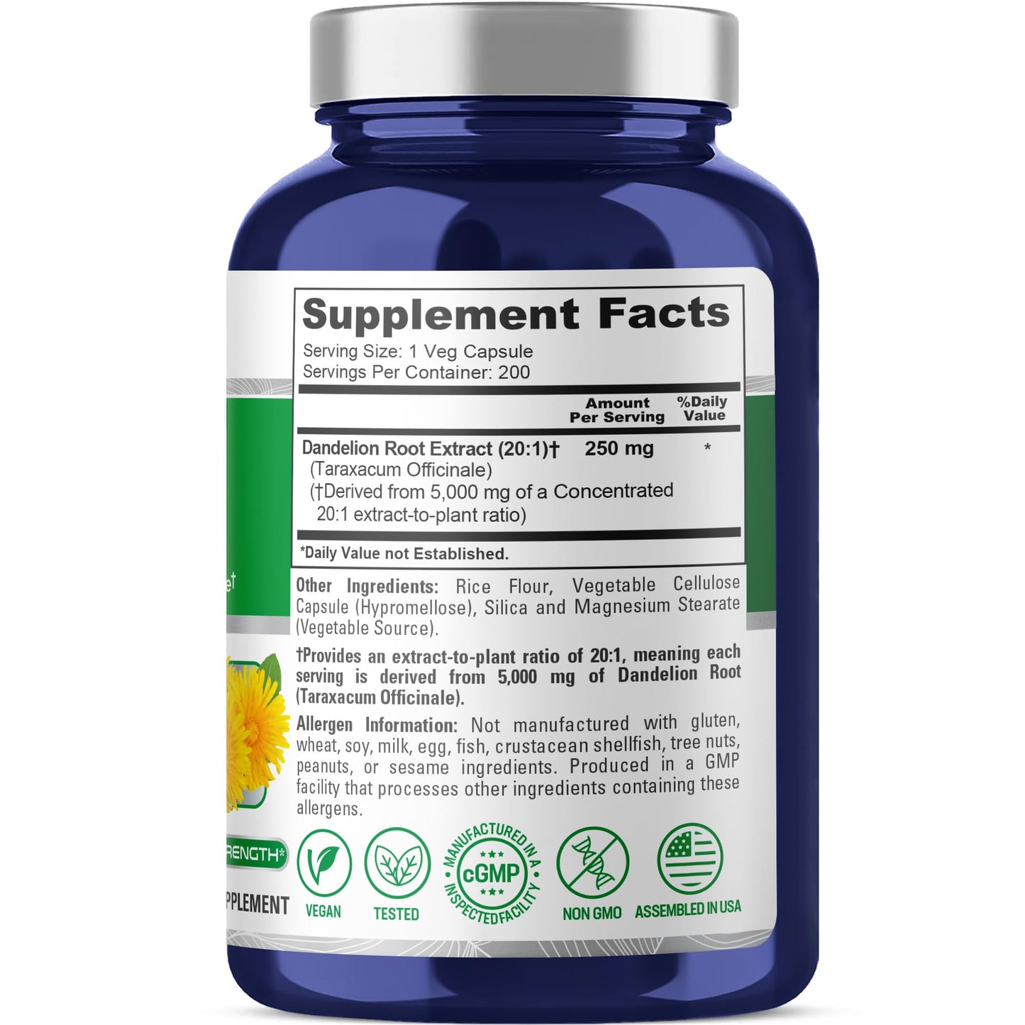 NusaPure Dandelion Root 20:1 Extract, 250 mg Equivalent to 5000mg 200 Veg Capsules (Vegan, Non-GMO) NusaPure