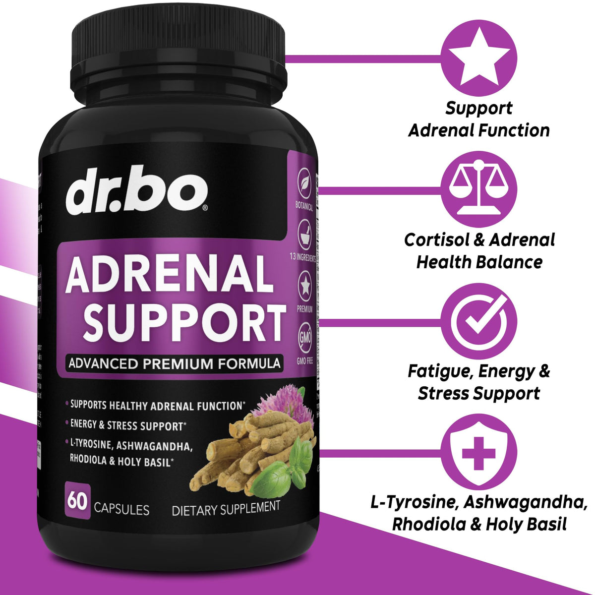 Adrenal Support Cortisol Manager Supplement - Adrenal Fatigue Supplements for Women & Men with Natural Adaptogen Ashwagandha Holy Basil Rhodiola L Tyrosine Complex Fatigue Cortisol Health - 60 Pills DR. BO