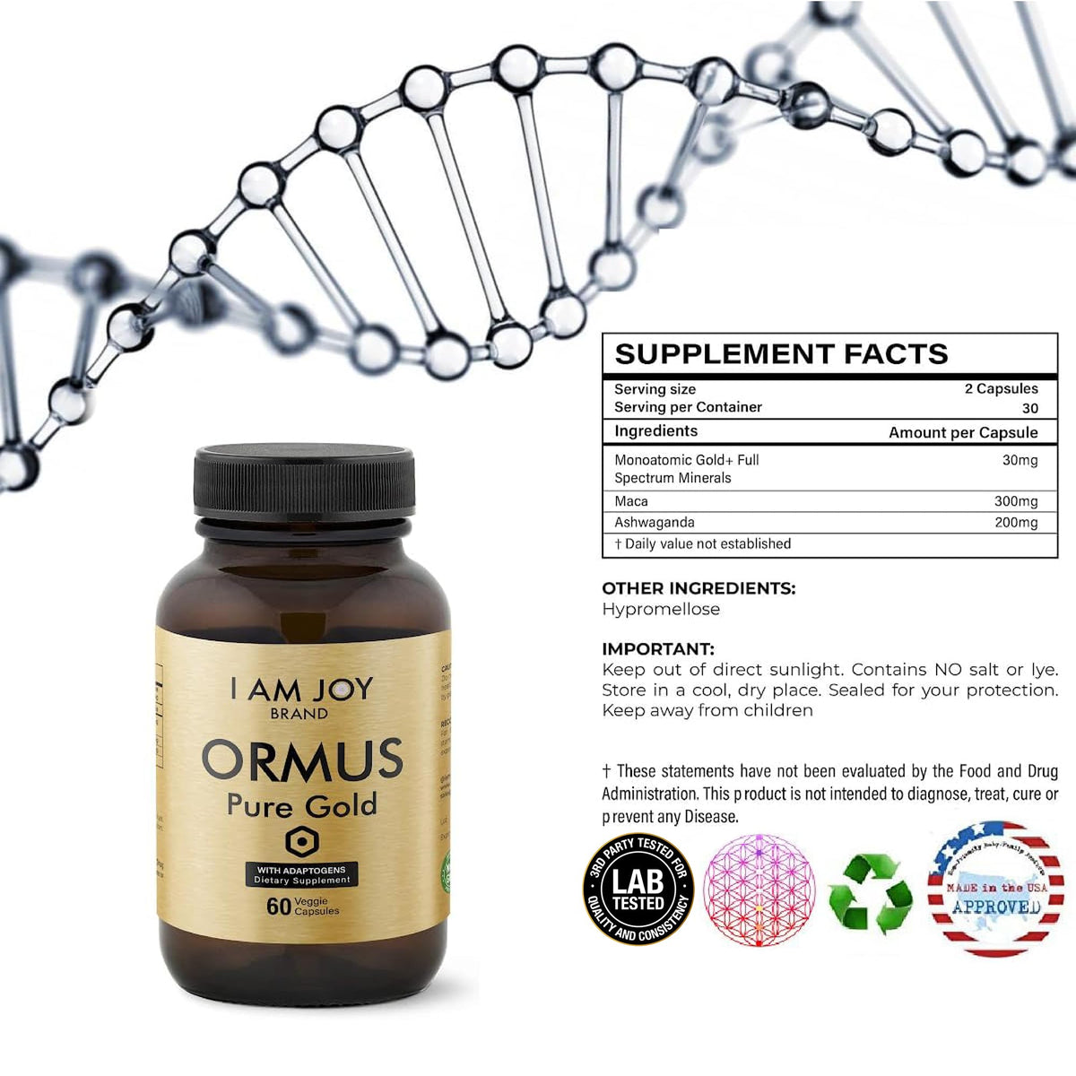 I Am Joy co. Ormus Gold Capsules Monoatomic Elements with Adaptogens Maca and Ashwaganda | May Help Balance Mood, Decalcify Pineal Gland, Repair DNA, Enhance Relaxation - 60 Vegan Capsules I Am Joy co.