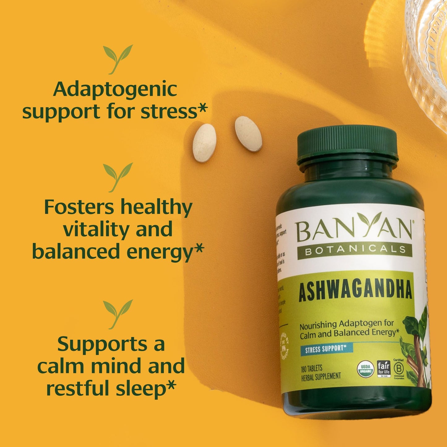 Banyan Botanicals Organic Ashwagandha - 1000mg per Serving - Cortisol Manager & Stress Relief Supplement - Adrenal Support for Mood, Restful Sleep & Muscle Recovery - 180 Tablets - Non-GMO, Vegan* Banyan Botanicals