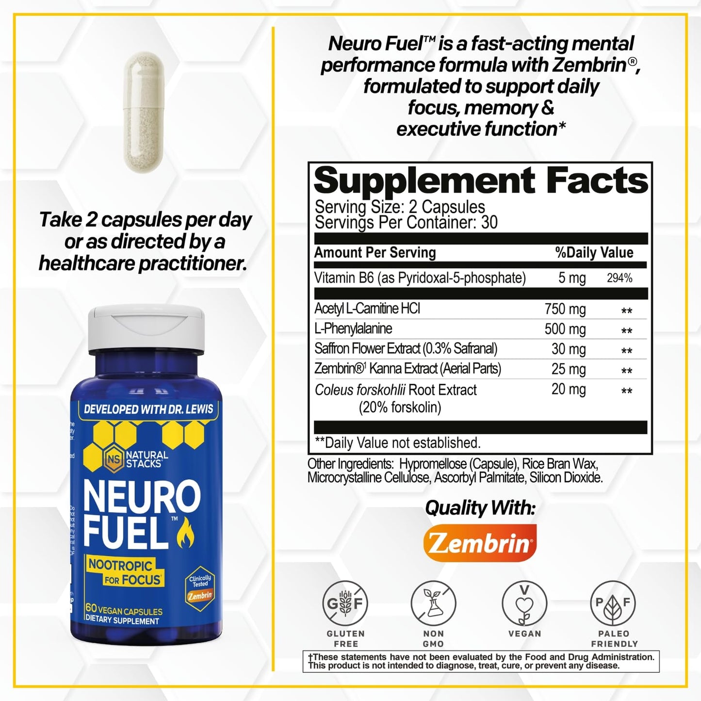 NATURAL STACKS NeuroFuel Nootropic with Zembrin - Doctor Developed Memory & Focus Supplement - Kanna Extract Sceletium Tortuosum - Nootropic Brain Supplement for Focus - 60 Zembrin Capsules NATURAL STACKS