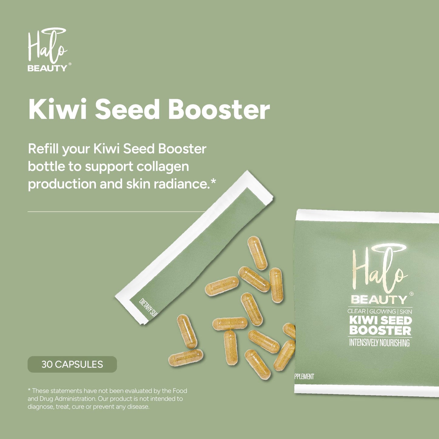 Halo Beauty Kiwi Seed Booster Skin Supplement Refill Pack | Anti-Aging Hydration & Glowing Skin Support with Kiwi Seed, Vitamin C, D3 & Zinc | Vegan Collagen Support Capsules | 1-Month Supply Halo Beauty