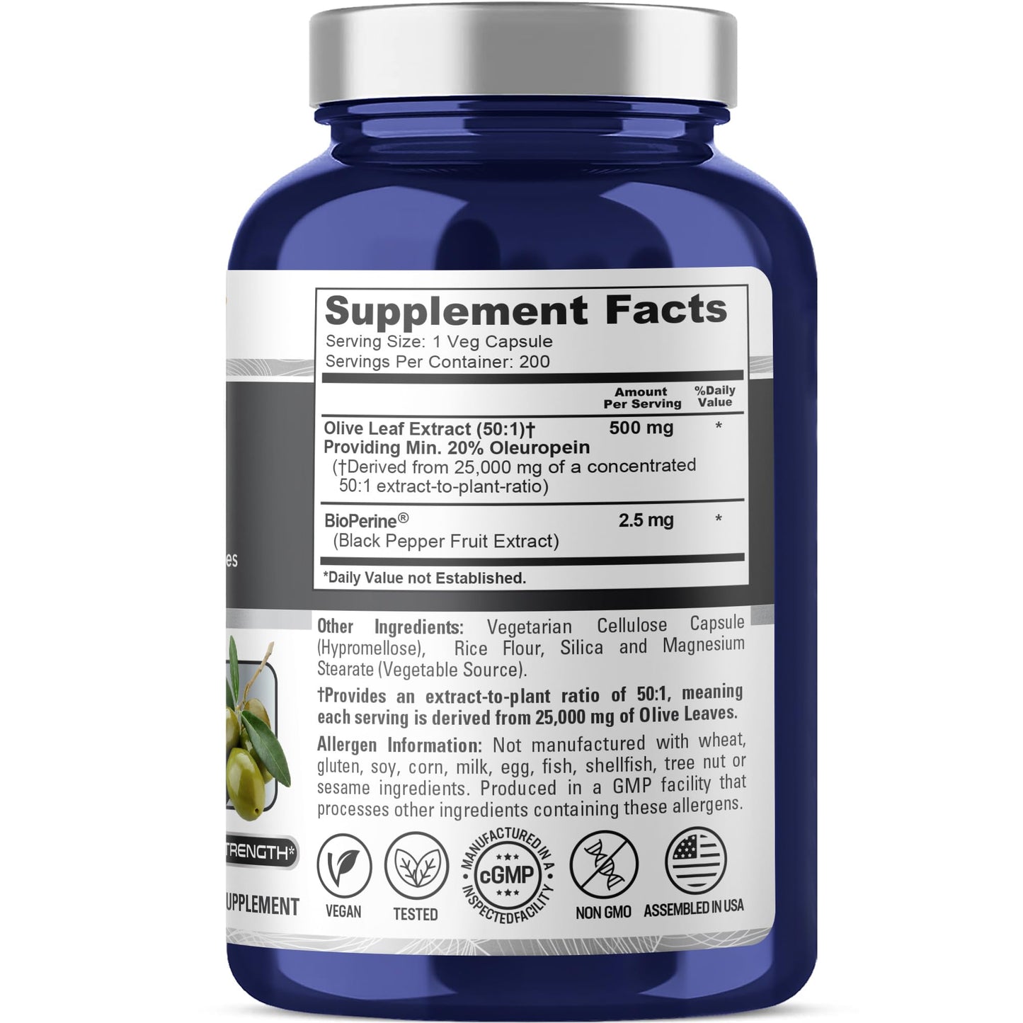 NusaPure Olive Leaf 20% Oleuropein 50:1 Extract, 500 mg Equivalent to 25,000 mg 200 Veg Caps Suitable for Vegetarians and Vegans, Non-GMO NusaPure