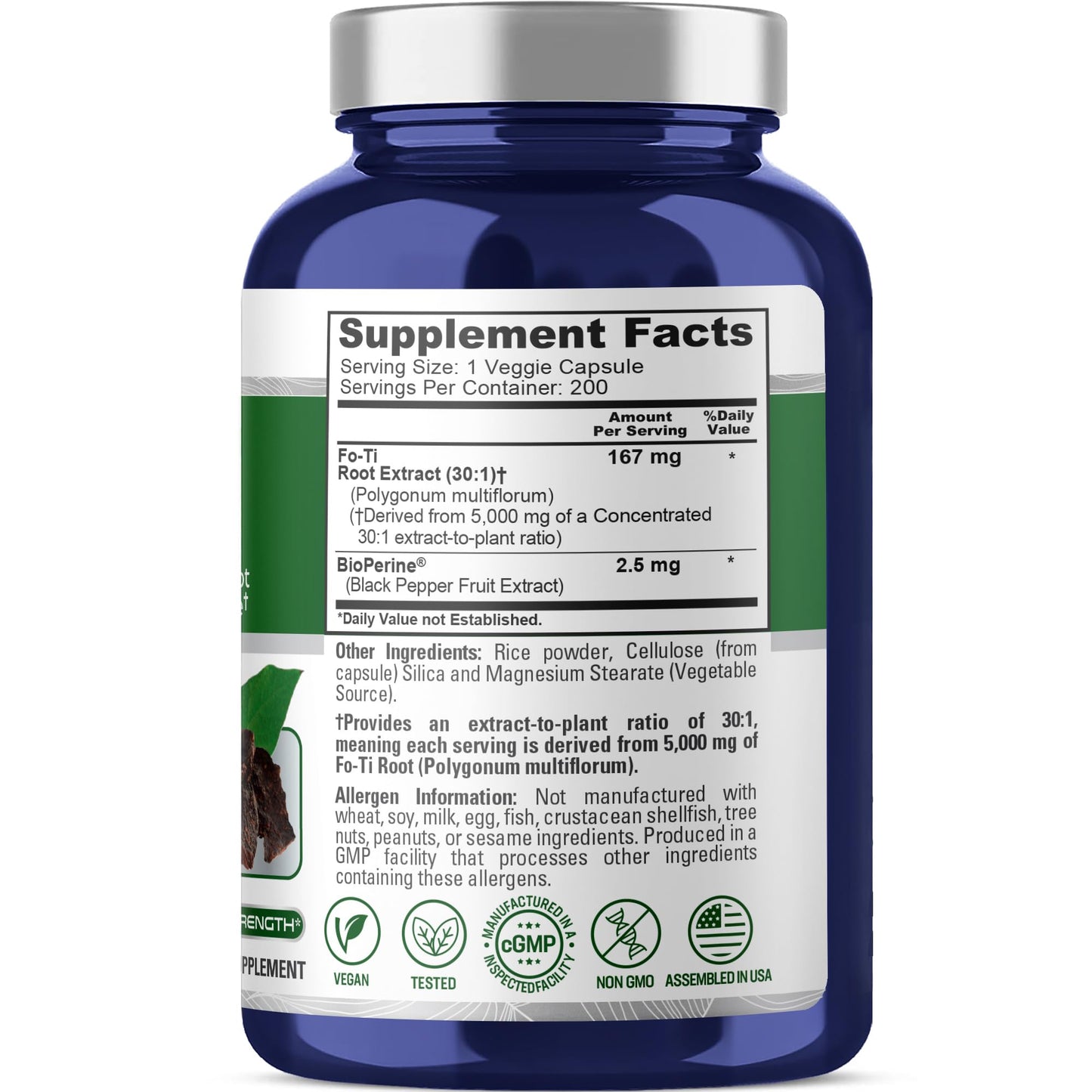 NusaPure Fo-Ti 30:1 Extract, 167 mg Equivalent to 5000mg per Veg Caps, 200 Count, Non-GMO, Vegan, Bioperine NusaPure