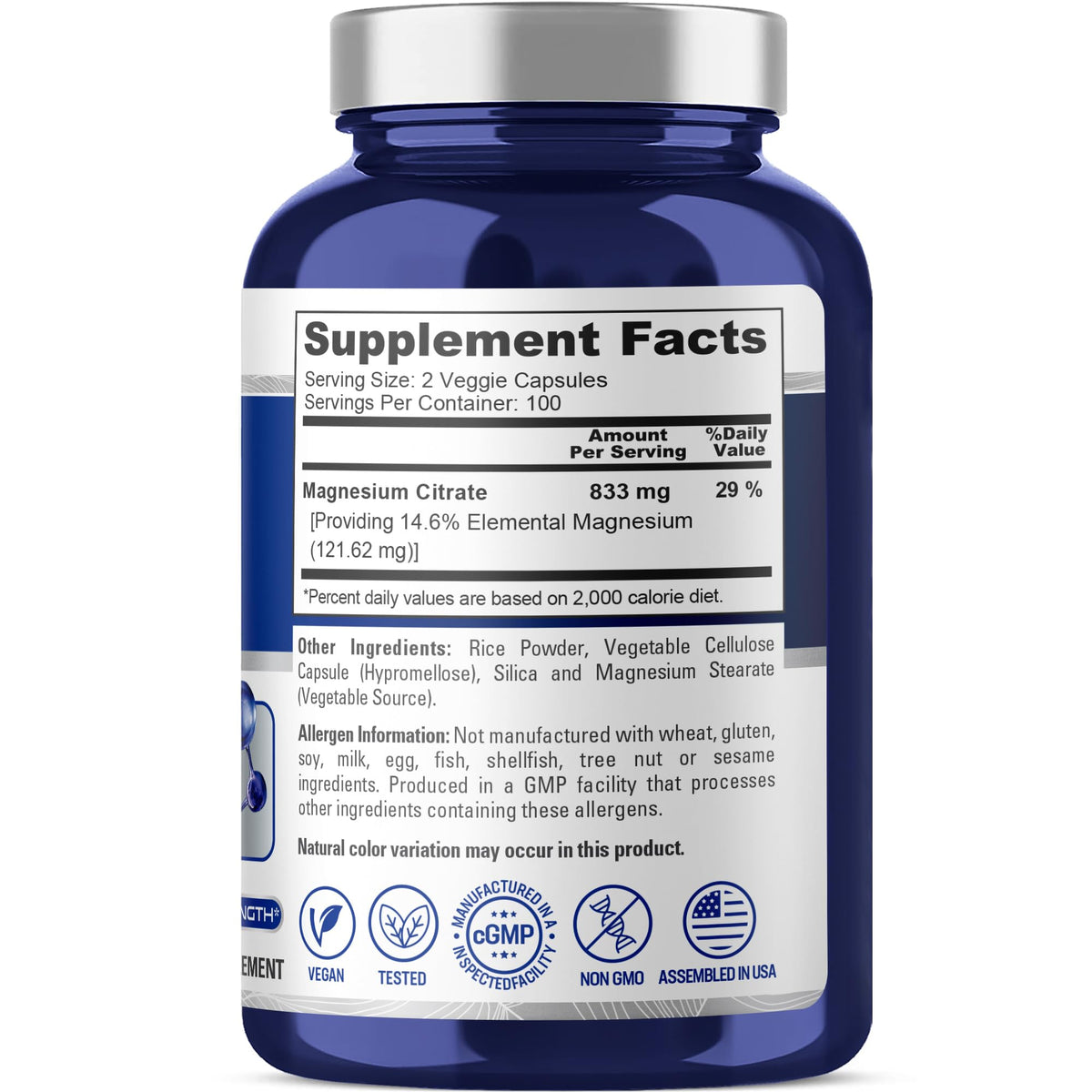 NusaPure Magnesium Citrate 833mg - 200 Veggie Capsules (Vegetarian, Non-GMO, Vegan) NusaPure