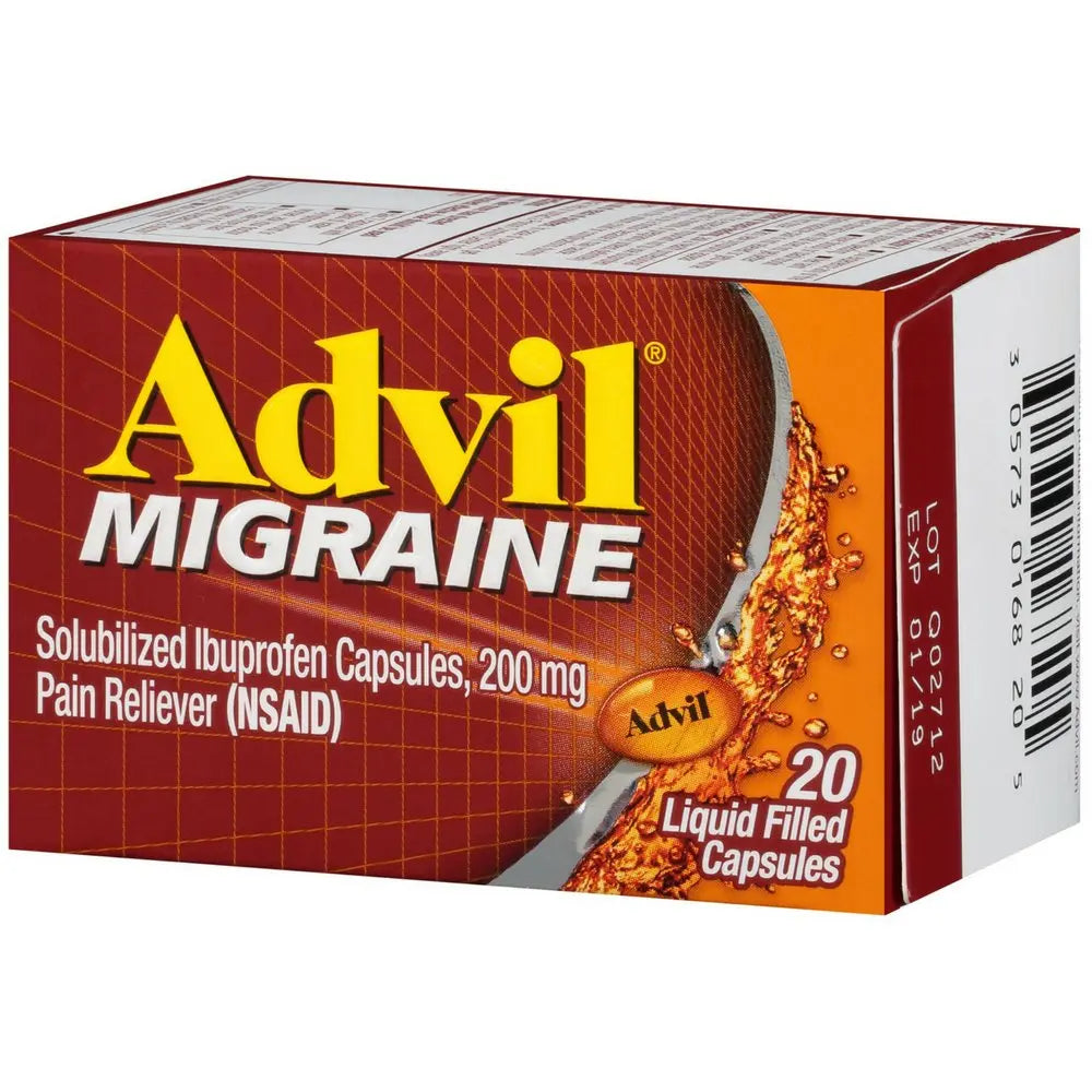 Advil Migraine Pain Reliever, Solubilized Ibuprofen 200mg, 20 Count, Liquid Filled Capsules, Powerful Migraine Relief Advil