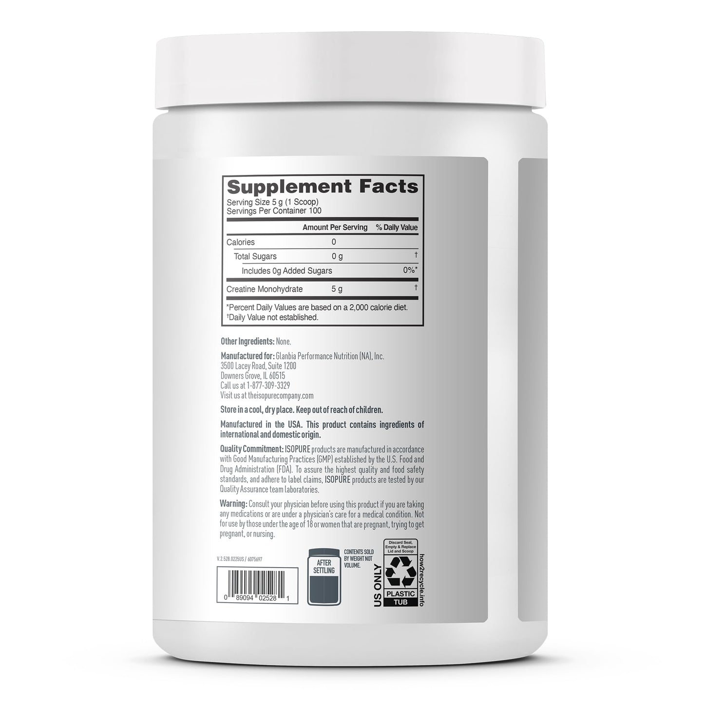 Isopure 100% Pure Creatine Monohydrate Powder, Sugar Free, Unflavored, 5g Creatine Monohydrate Per Serving, 1.1 Lbs, Isopure