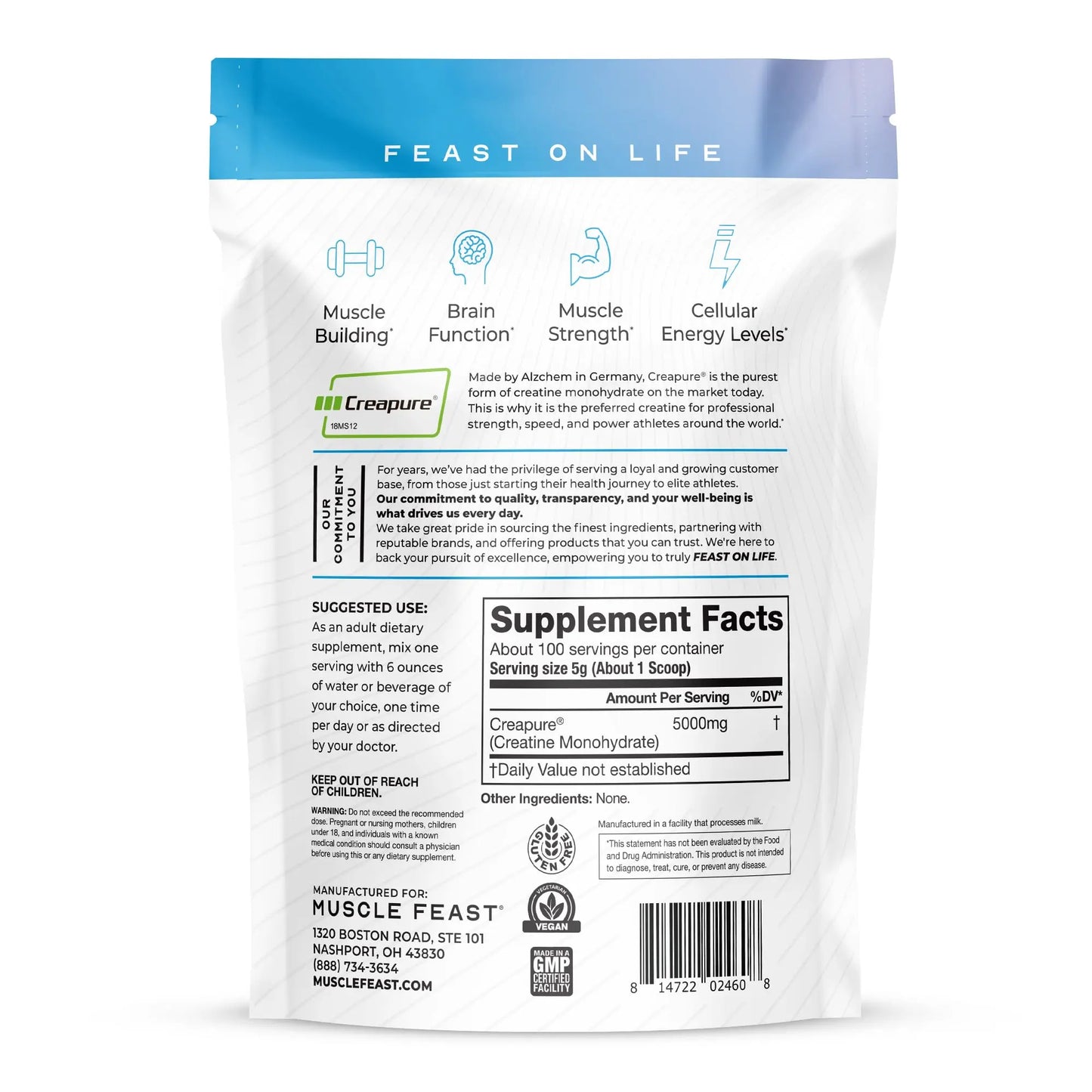 Muscle Feast Creapure Creatine Monohydrate Powder, Vegan Keto Friendly Gluten-Free, Mass Gainer, Muscle Recovery Supplement and Trusted Creatine for Muscle Growth, Muscle Feast