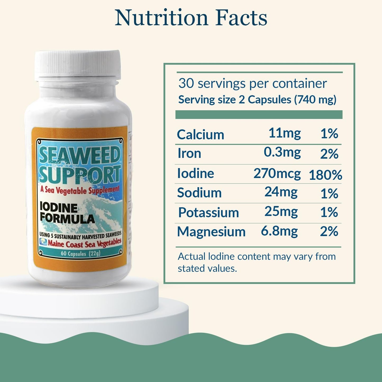 Maine Coast Sea Vegetables Seaweed Support Iodine Formula | Source of Iodine from Seaweed | Daily Use Iodine Supplement | Organic Alaria, Rockweed, Sea Lettuce, Dulse & Bladderwrack blend | 60 Capsule Maine Coast Sea Vegetables