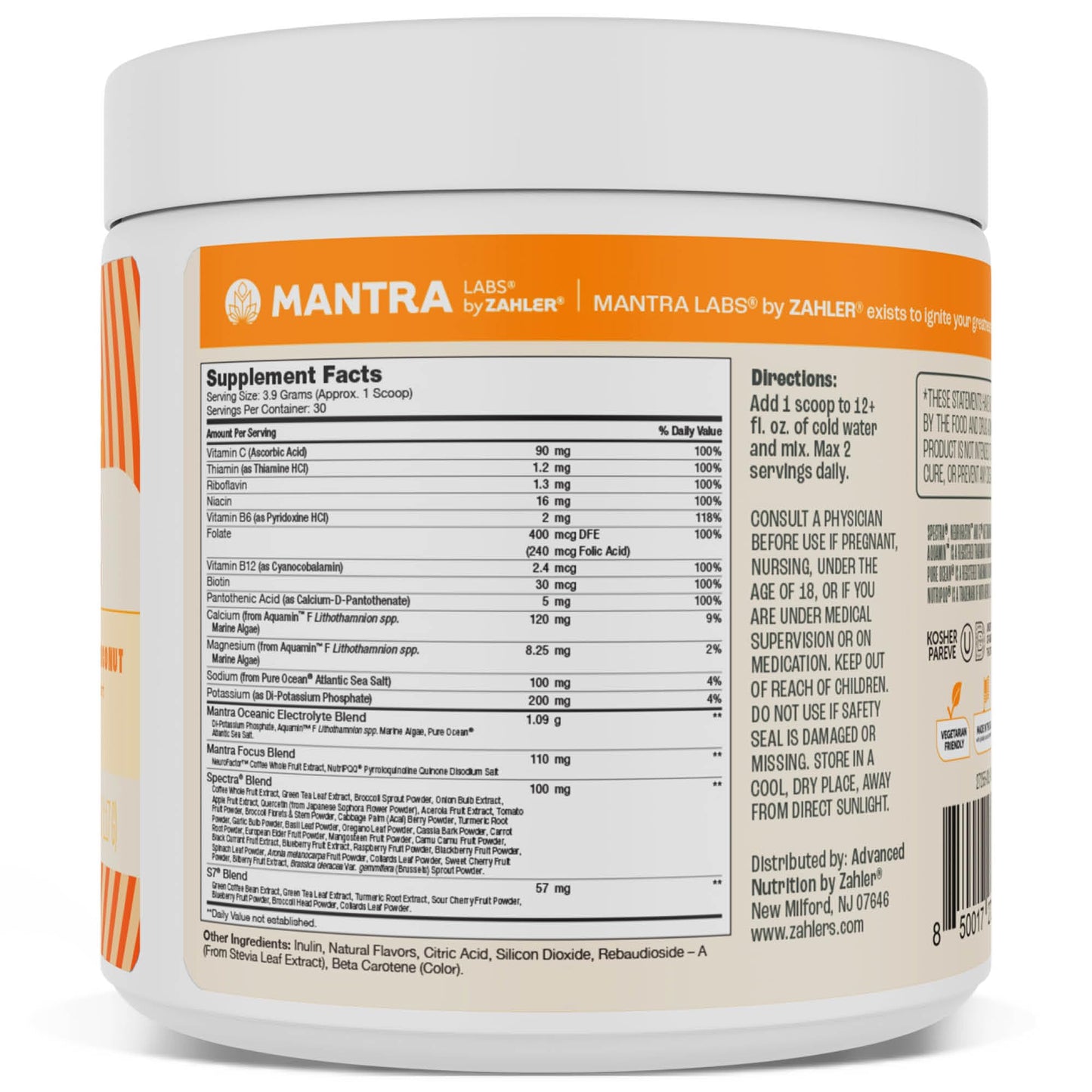 Zahler Mantra Rise, The Energy and Focus Supplement, Citrus Coconut Flavored, 30 Servings. Zahler