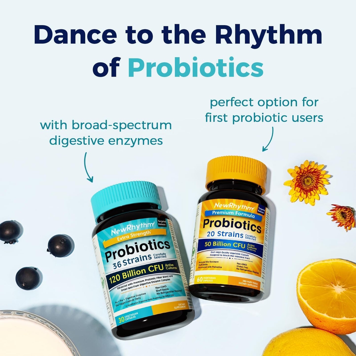 NewRhythm Probiotics 120 Billion CFU 36 Strains, 3-in-1 Probiotics with Prebiotics & Enzymes, Probioticos for Women & Men, NewRhythm