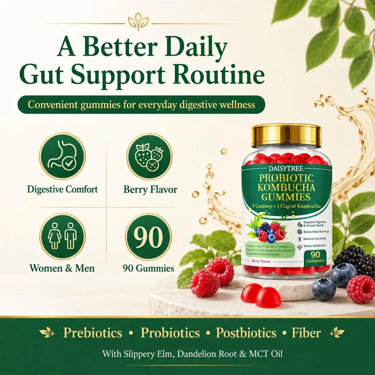 PRIMEHAVEN Probiotic Kombucha Gummies - Prebiotics, Probiotics, Postbiotics, Fiber Supplement, Slippery Elm, Dandelion Root, for Bloating, Gut Health PRIMEHAVEN