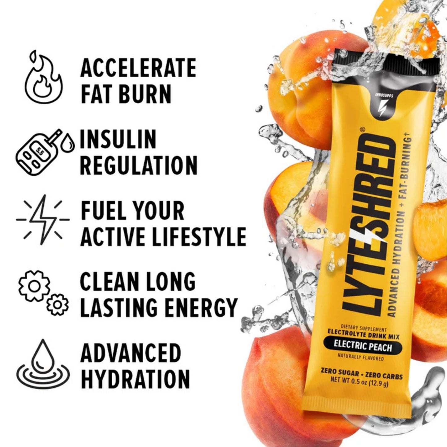 Inno Lyte Shred Hydration Packets - Electrolyte Powder Drink Mix with Magnesium, Sodium, & Potassium - Sugar Free Electrolytes Powder for Performance and All Day Hydration 16 Packets (Electric Peach)